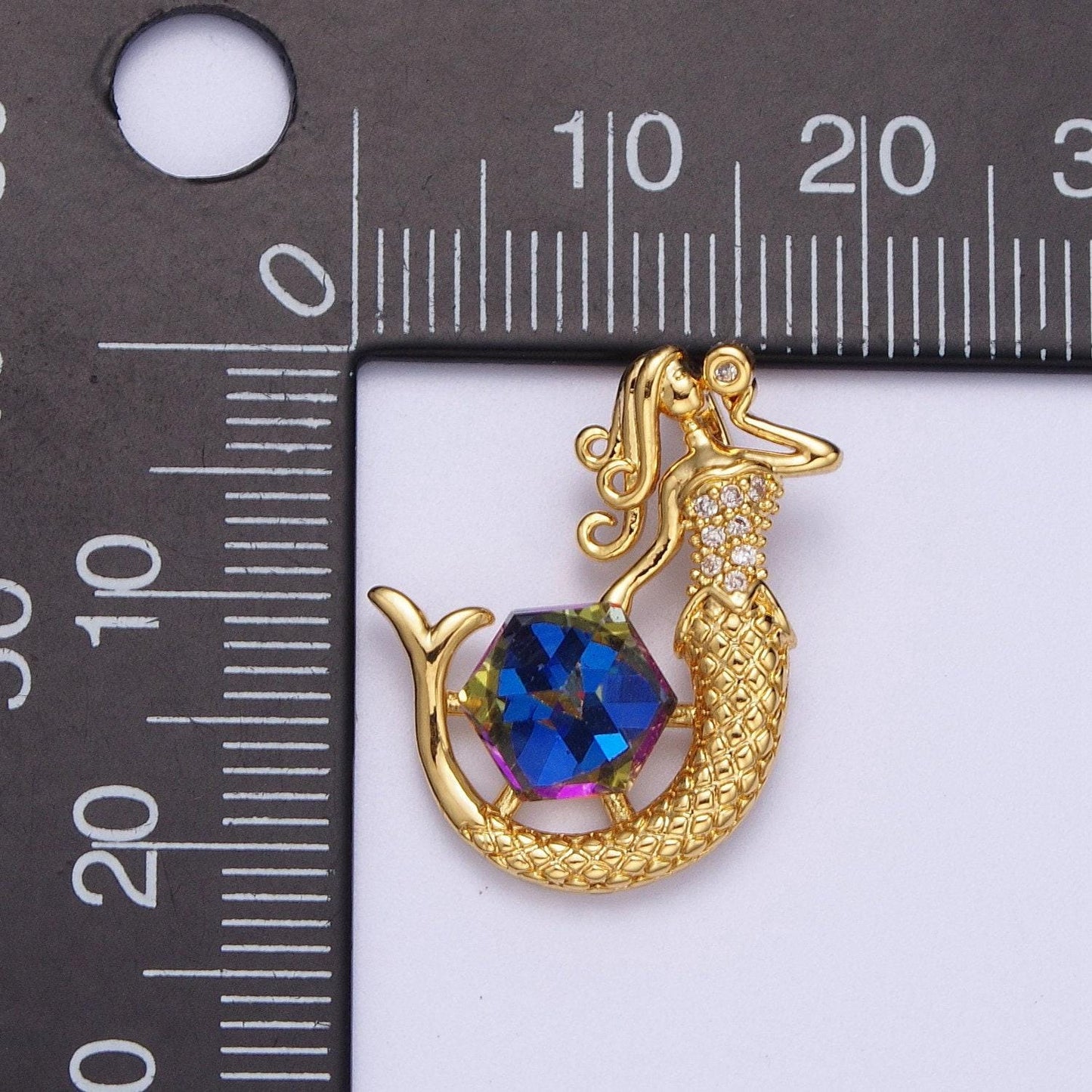 Gold cz mermaid pendant, 24k gold plated clear micro paved cz crystal meridian blue hexagon wheel mermaid blowing bubbles charm | x-677