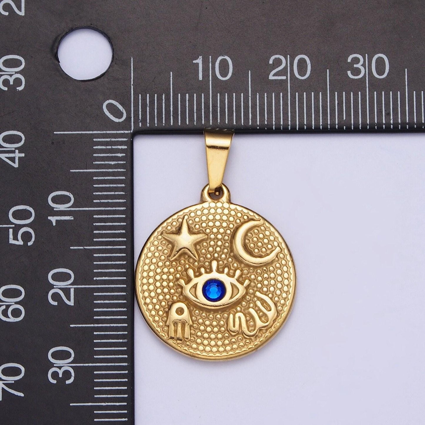 Gold blue cz evil eye celestial medallion pendant, 24k gold filled stainless steel moon star micro paved cz eye of ra coin charm | x-651