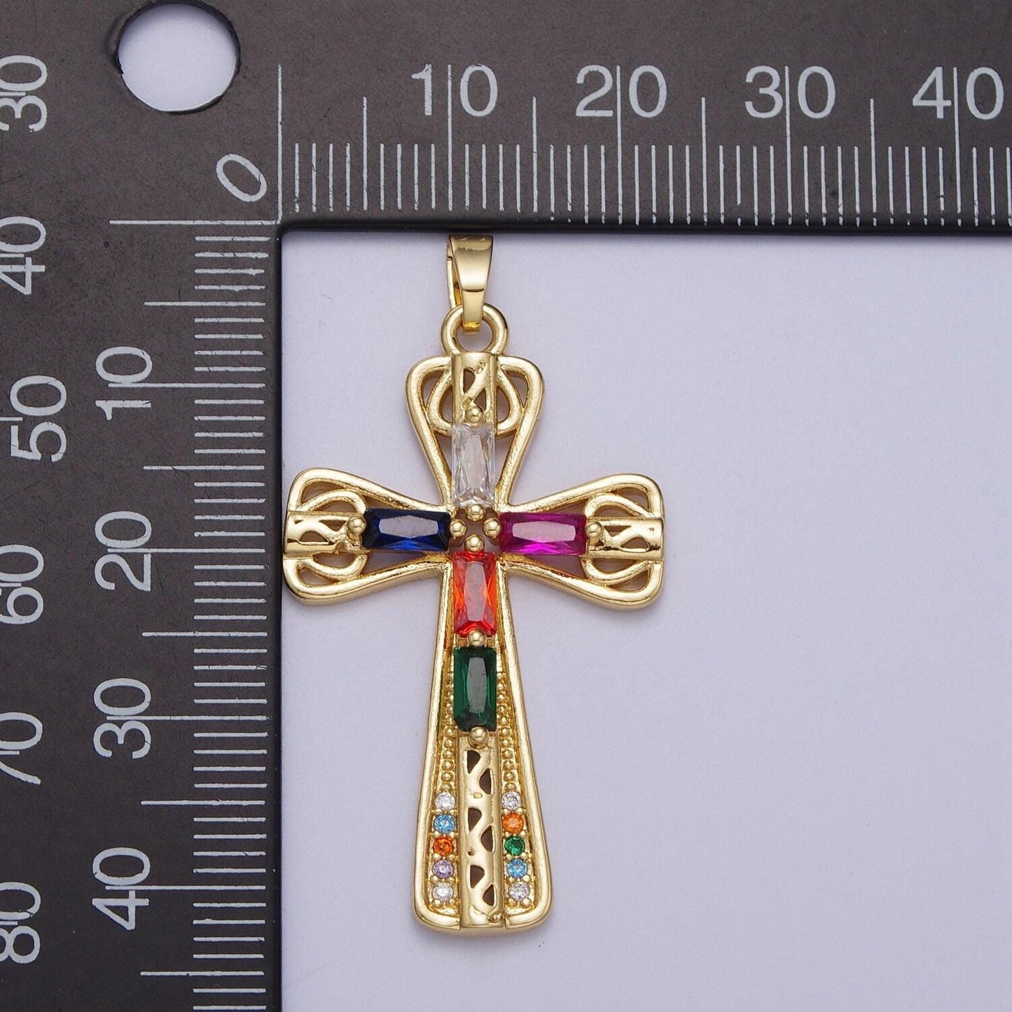 Gold decorative cz cross pendant, 24k gold plated colorful micro paved cz baguette stones religious cross charm | x-544, x-545