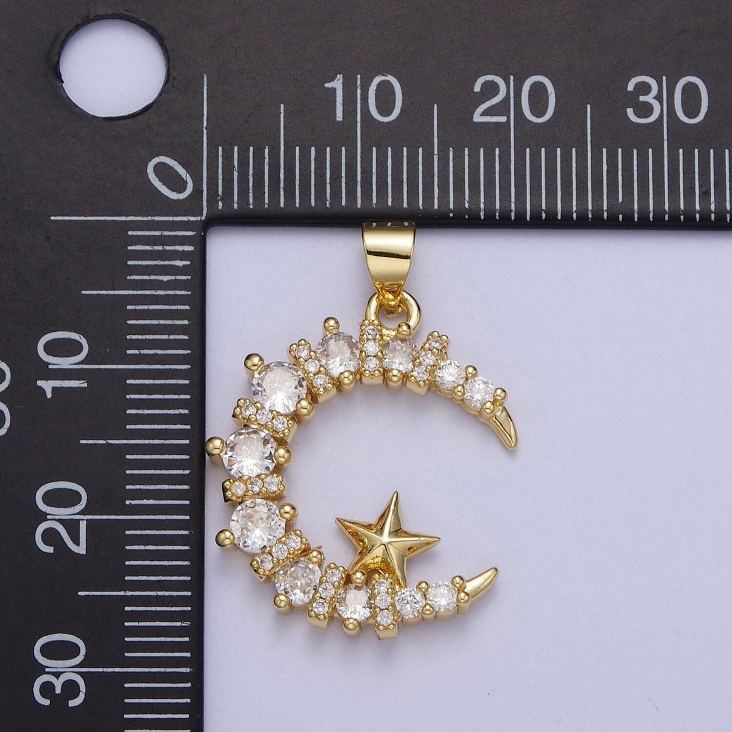 Gold cz moon and star pendant, 24k gold plated celestial moon star croissant cut micro paved cz charm | x-533