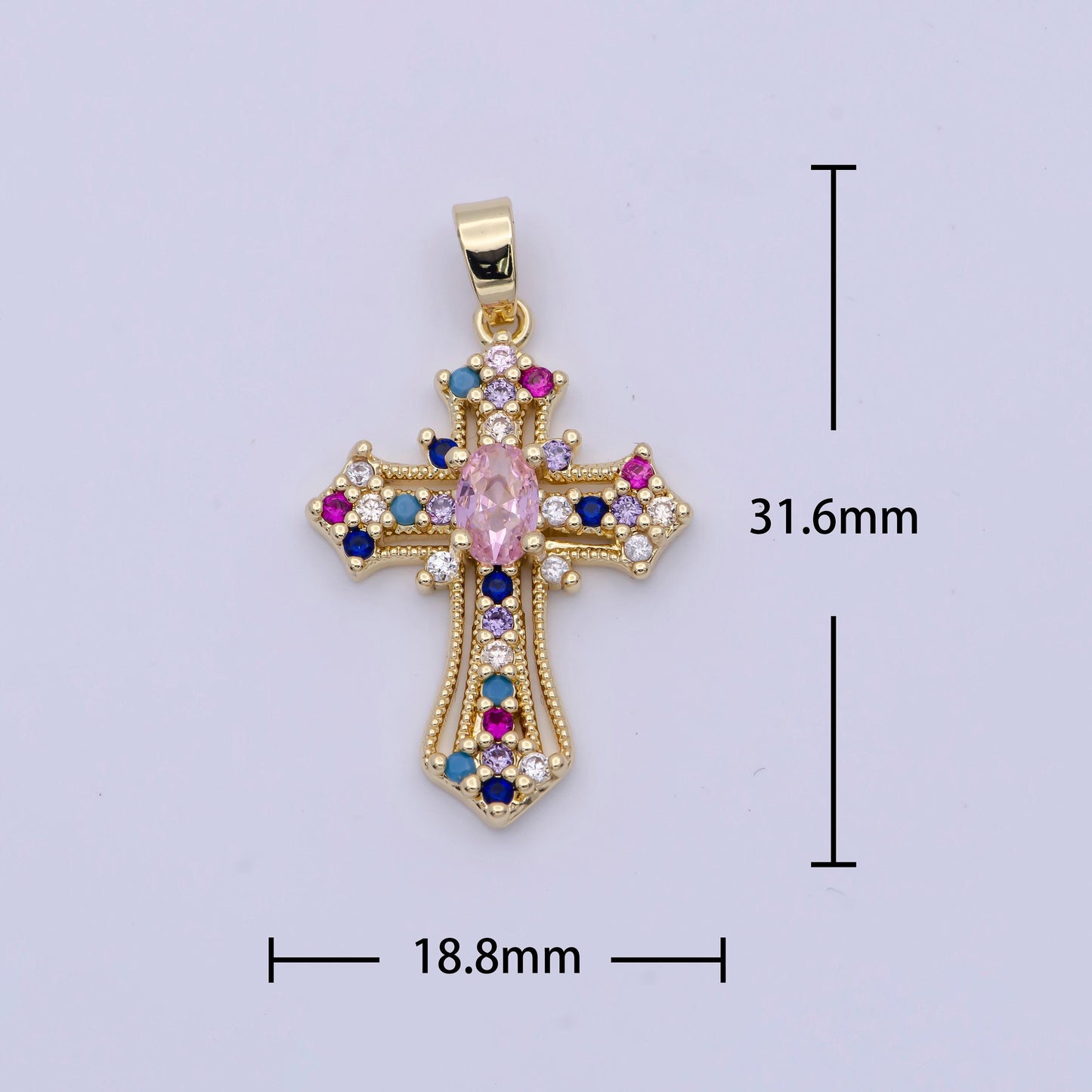 24k gold filled clear, multicolor micro paved oval cz passion cross religious pendant | x504 x505