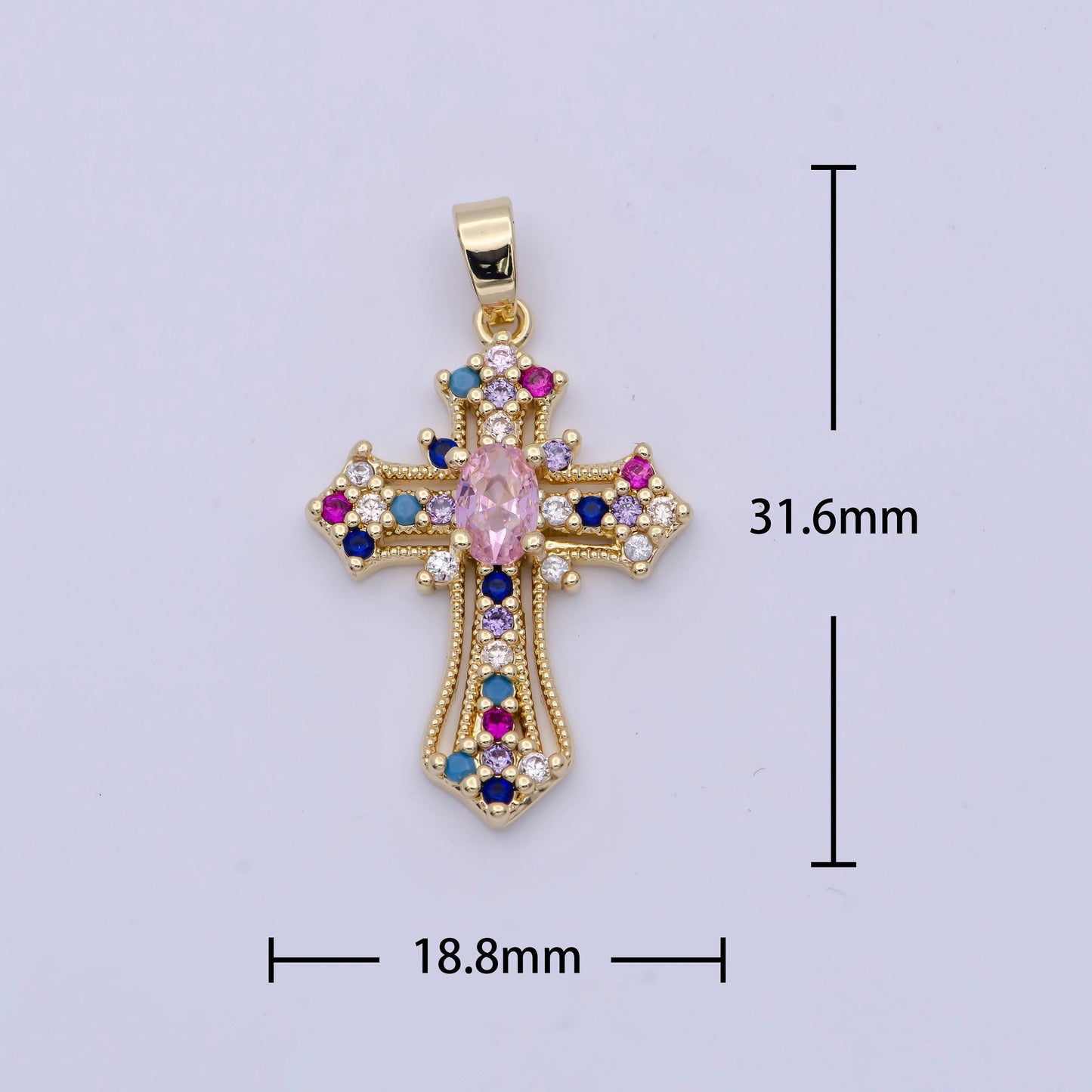 Royalty clear & colorful gold cz cross pendant, 24k gold plated micro paved cz royalty religious cross charm | x-504, x-505