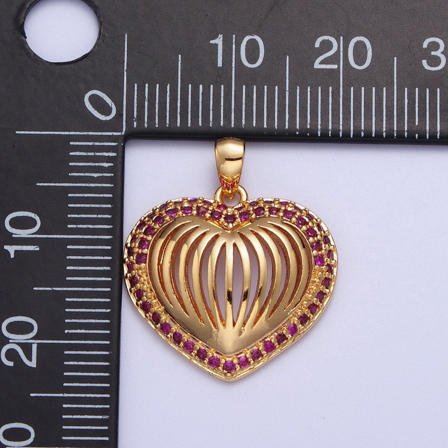 24k gold filled fuchsia cz open heart pendant, heart sunburst magenta love valentine cubic zirconia charm for jewelry making | x-435