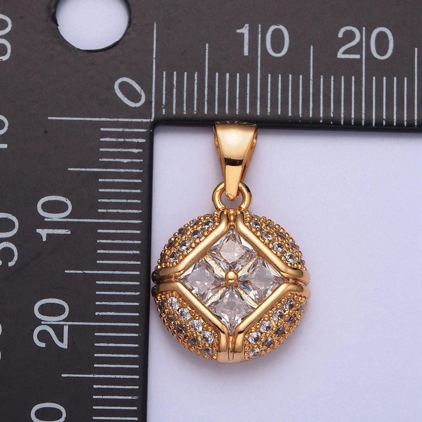 18k gold flower diamond circular ball micro pave cz stone pendant, round ball statement charm for necklace | x-374