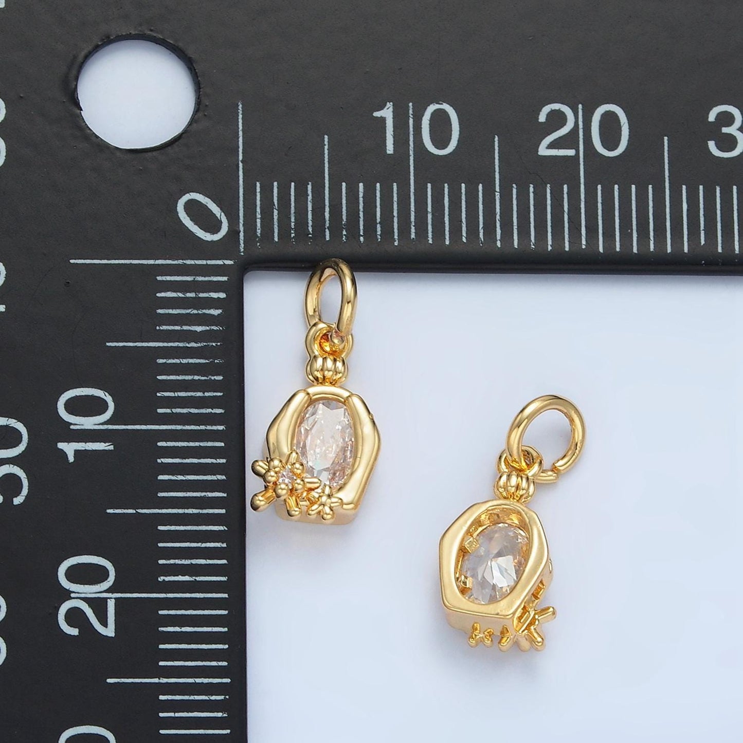 Oval clear cz hexagonal bezel flower 24k gold filled charm | x-300