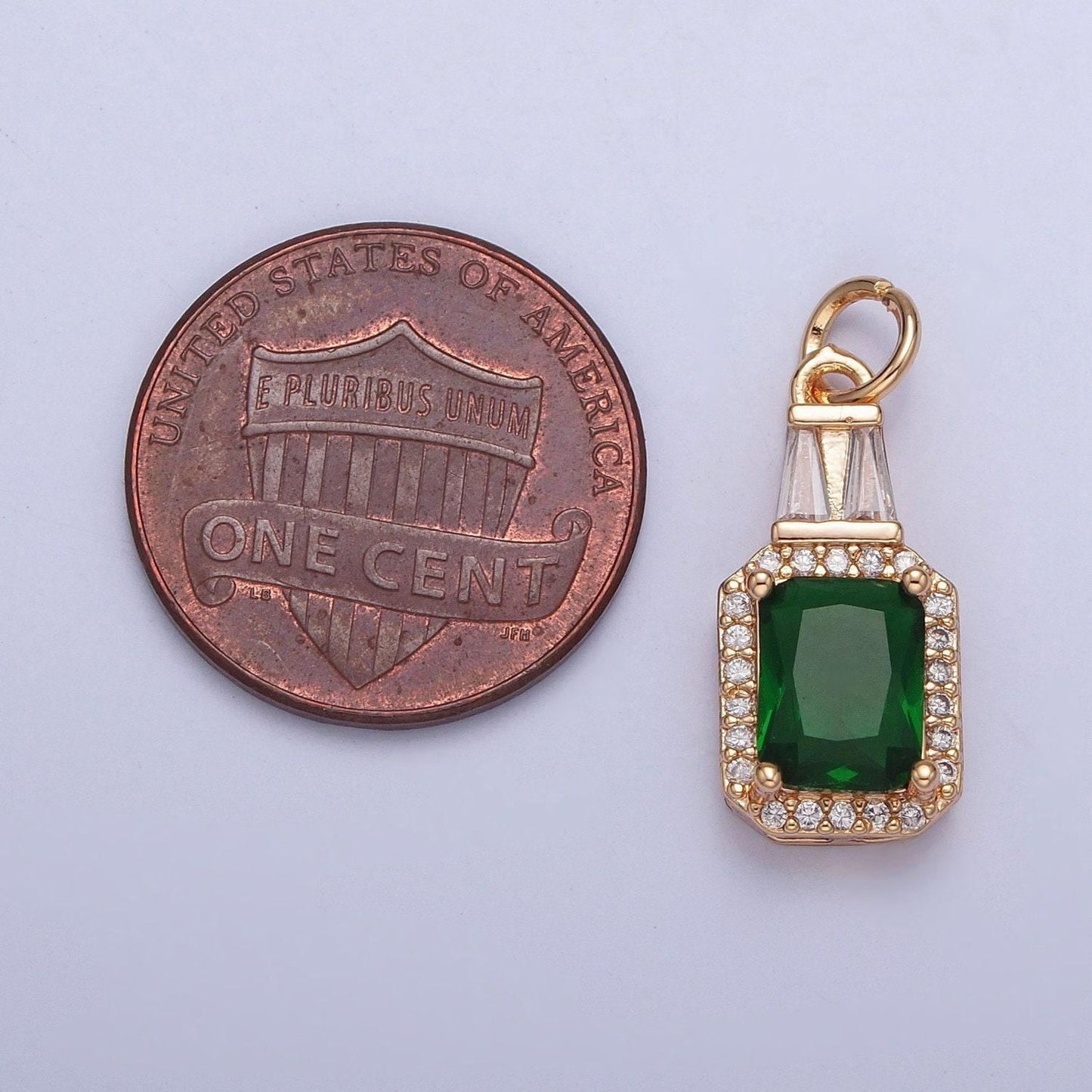 Dainty 16k gold filled emerald green/crystal clear cubic zirconia cz stone rectangular bottle pendant w. baguette stones | x-254, x-255
