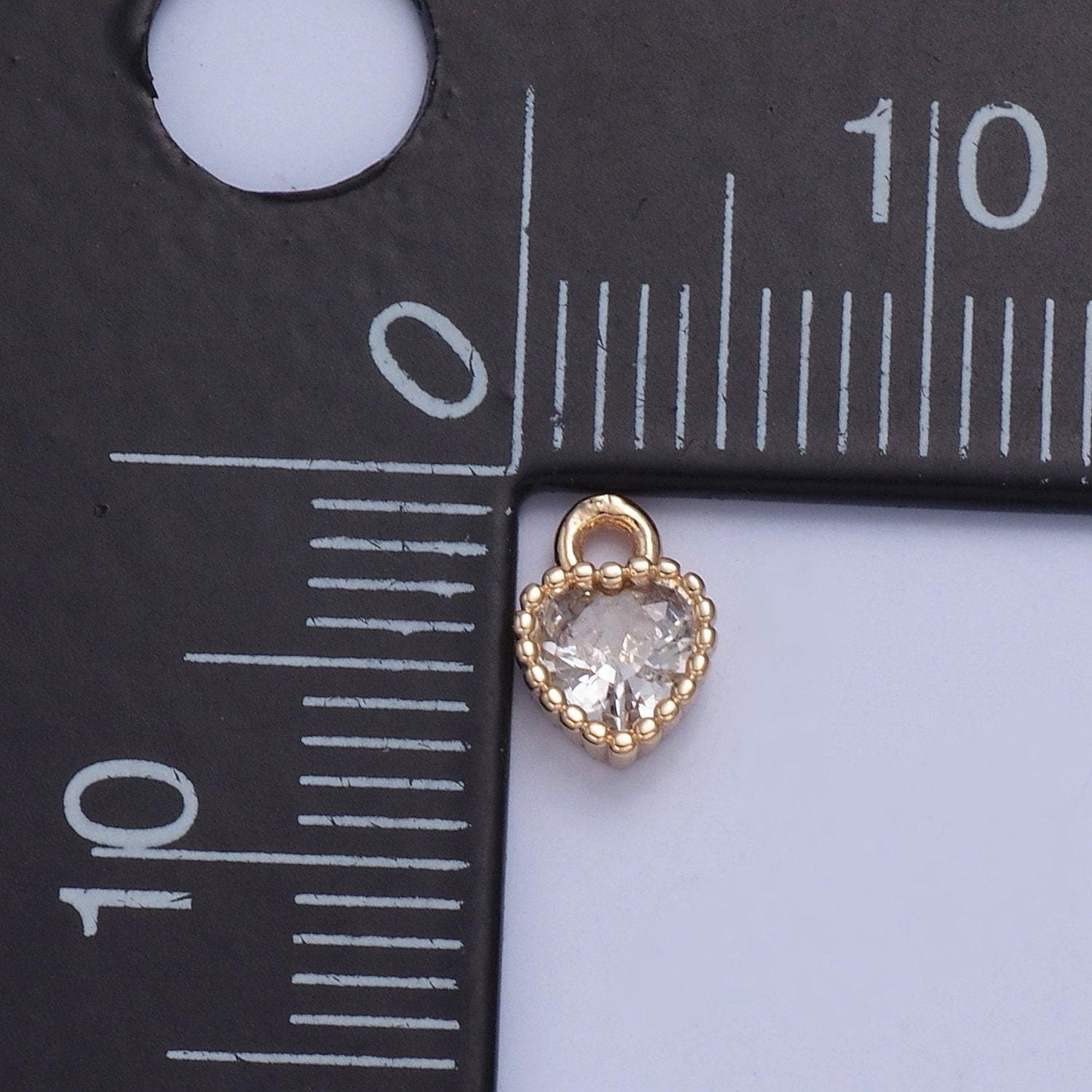 24k gold mini heart cz clear stone decorative beaded edge pendant, add on charm dainty crystal cz stone for necklace bracelet supply | x-027