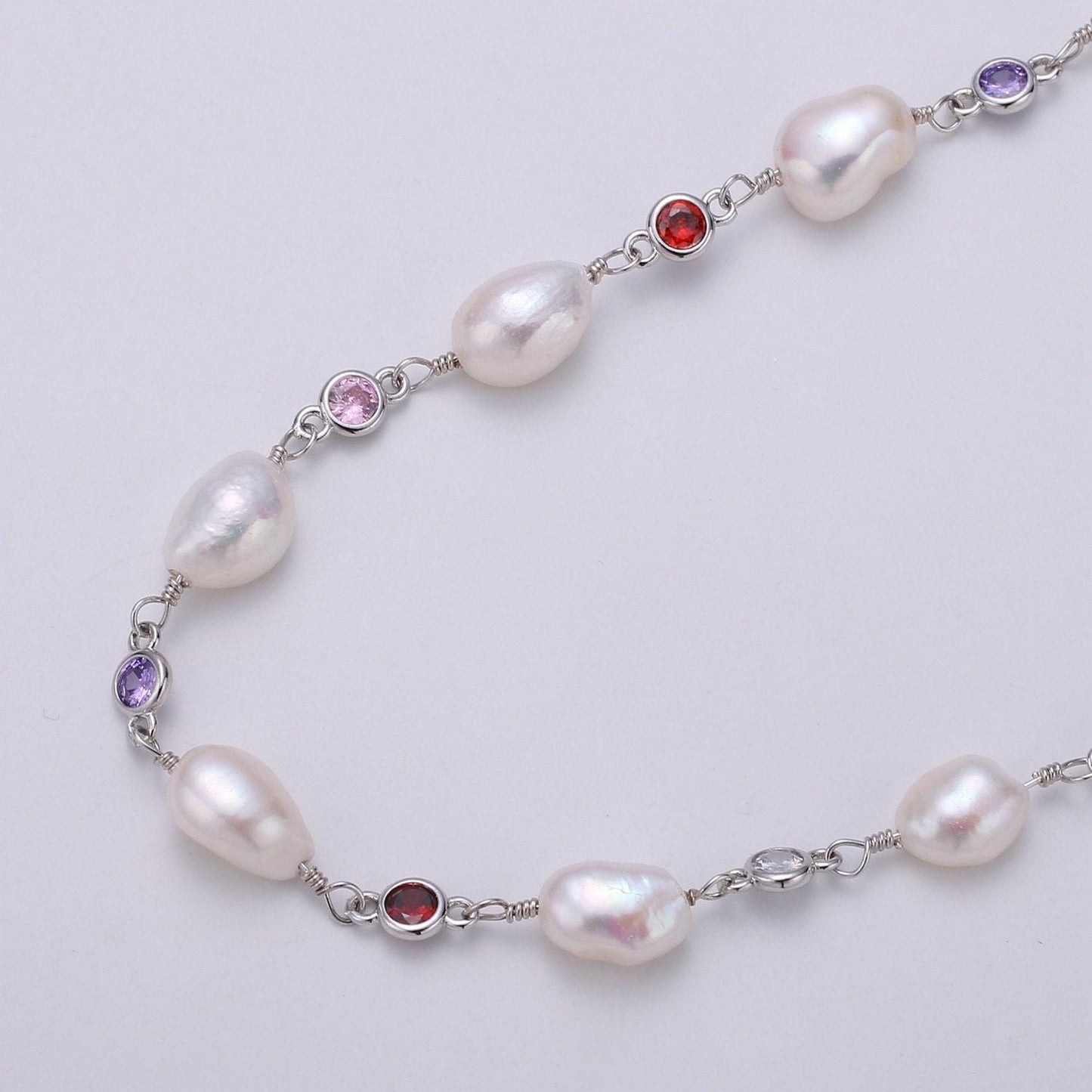 Fresh water pearl large pave charm 24k gold chain by yard, multi color round cubic chain, baroque pearl cz chain, roll-448.456,457