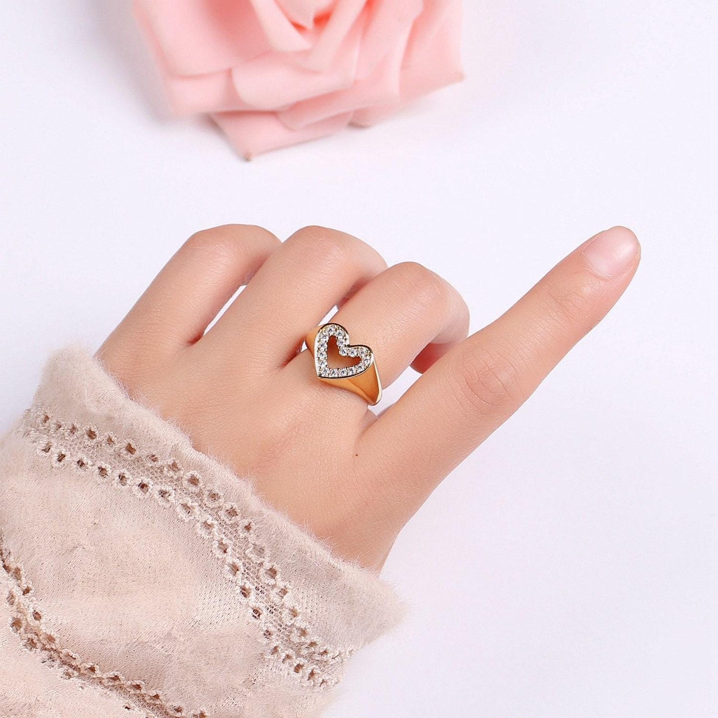 1pc clear cz love 24k gold ring, heart cubic adjustable gold curb ring, signet ring, clear cubic zirconia ring,r-461