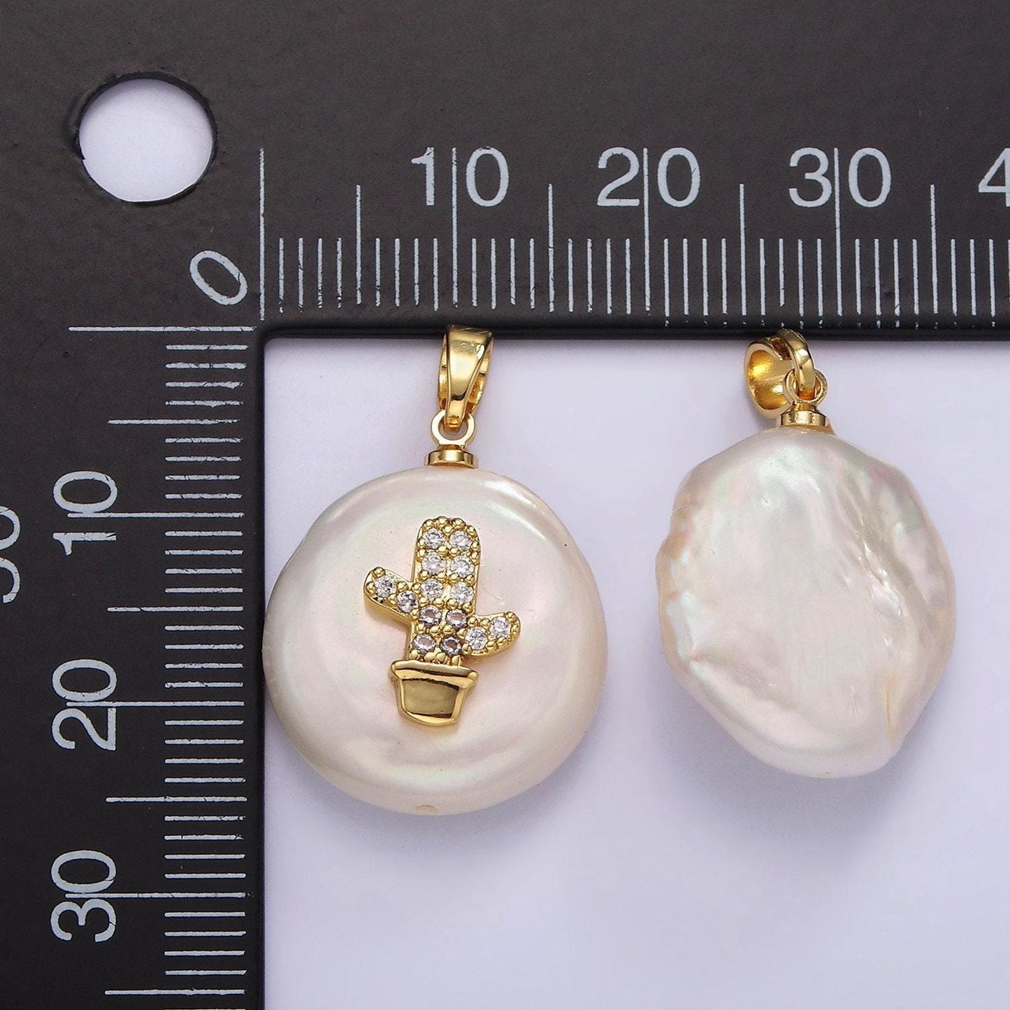 14k gold filled clear micro paved cz cactus plant freshwater pearl pendant | p1667
