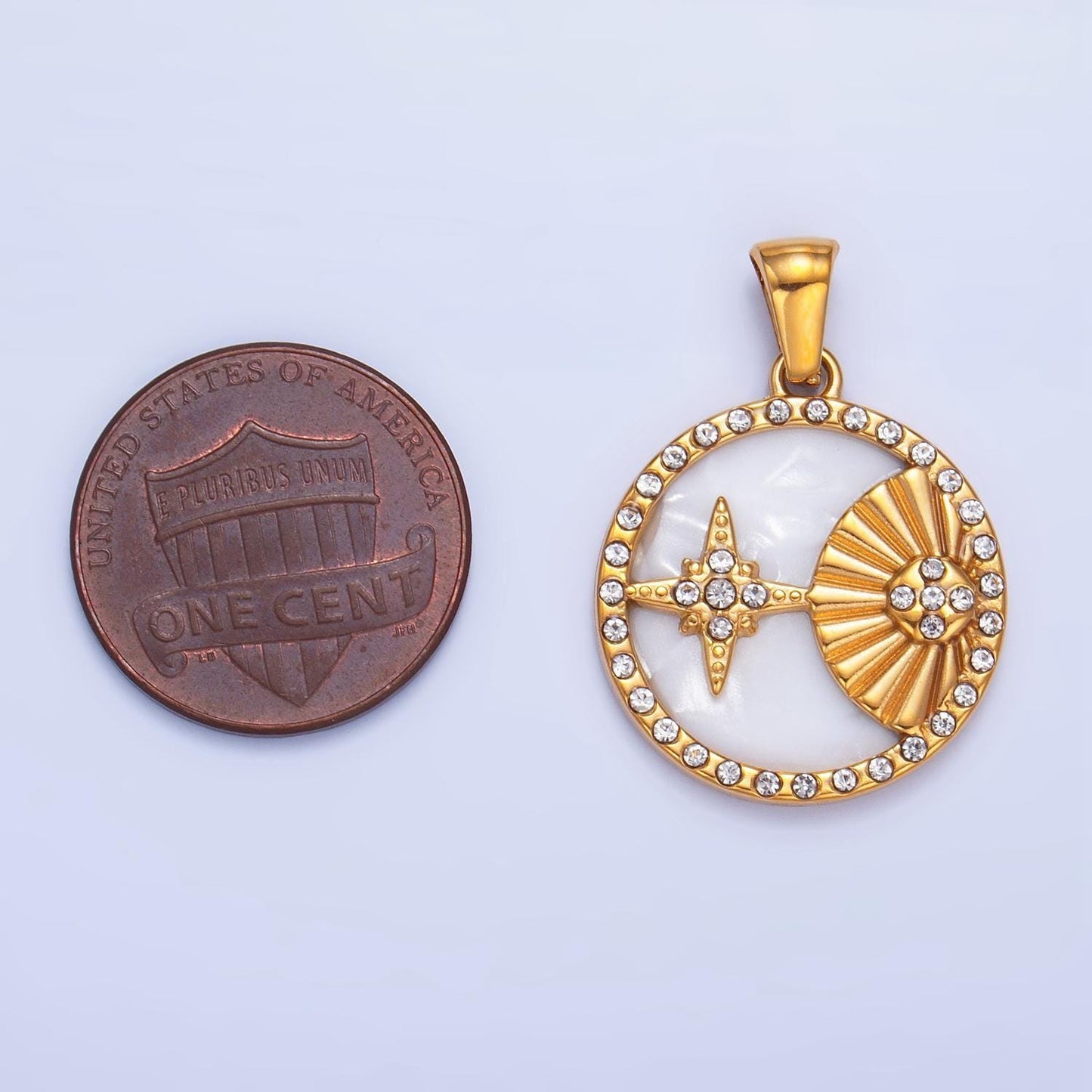 Dainty gold stainless steel oval pearl sun star charm with cz for celestial pendant| p-1541