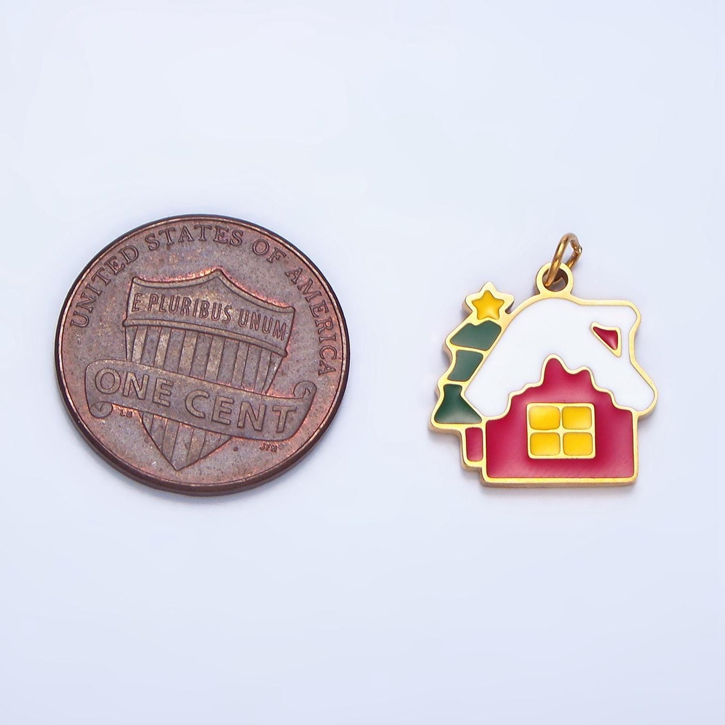 Enamel christmas tree snowy house stainless steel holiday charm | p-1374