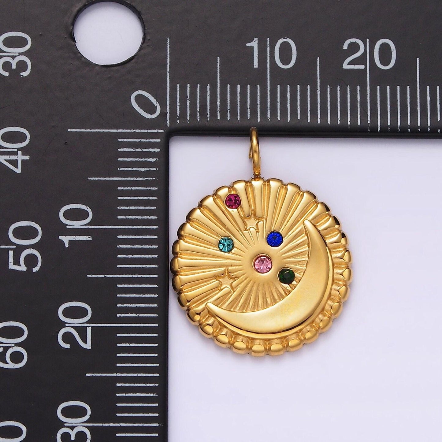 Stainless steel multicolor cz celestial crescent moon star sunburst round charm in gold & silver | p1280