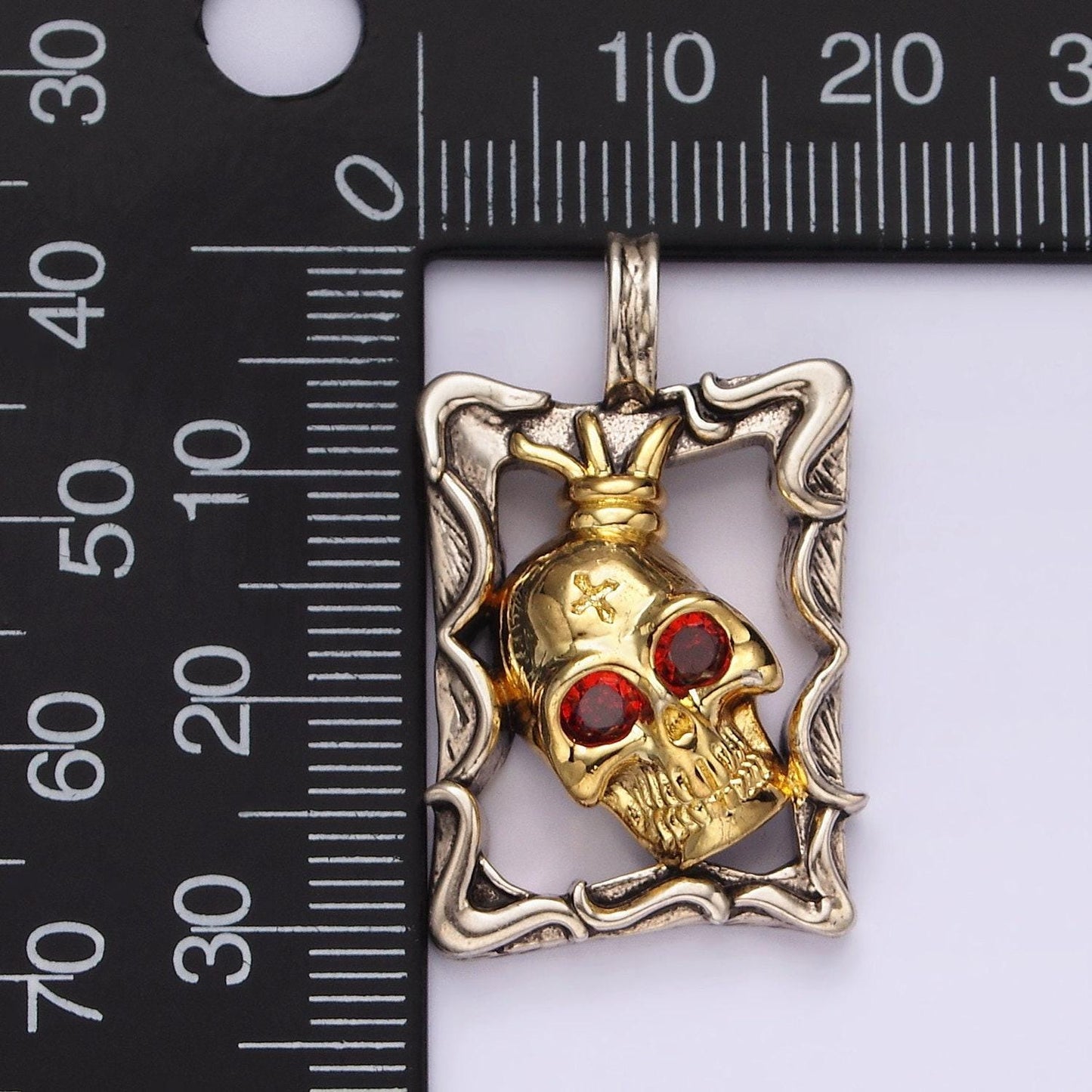 Stainless steel red cz skull skeleton open abstract frame mixed metal pendant two tone halloween jewelry inspired | p-861