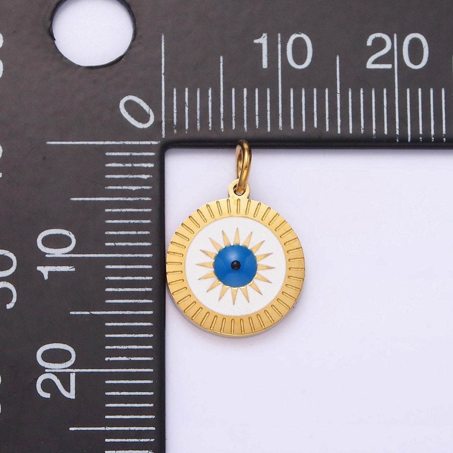 Stainless steel celestial sun evil eye lined round charm | p653