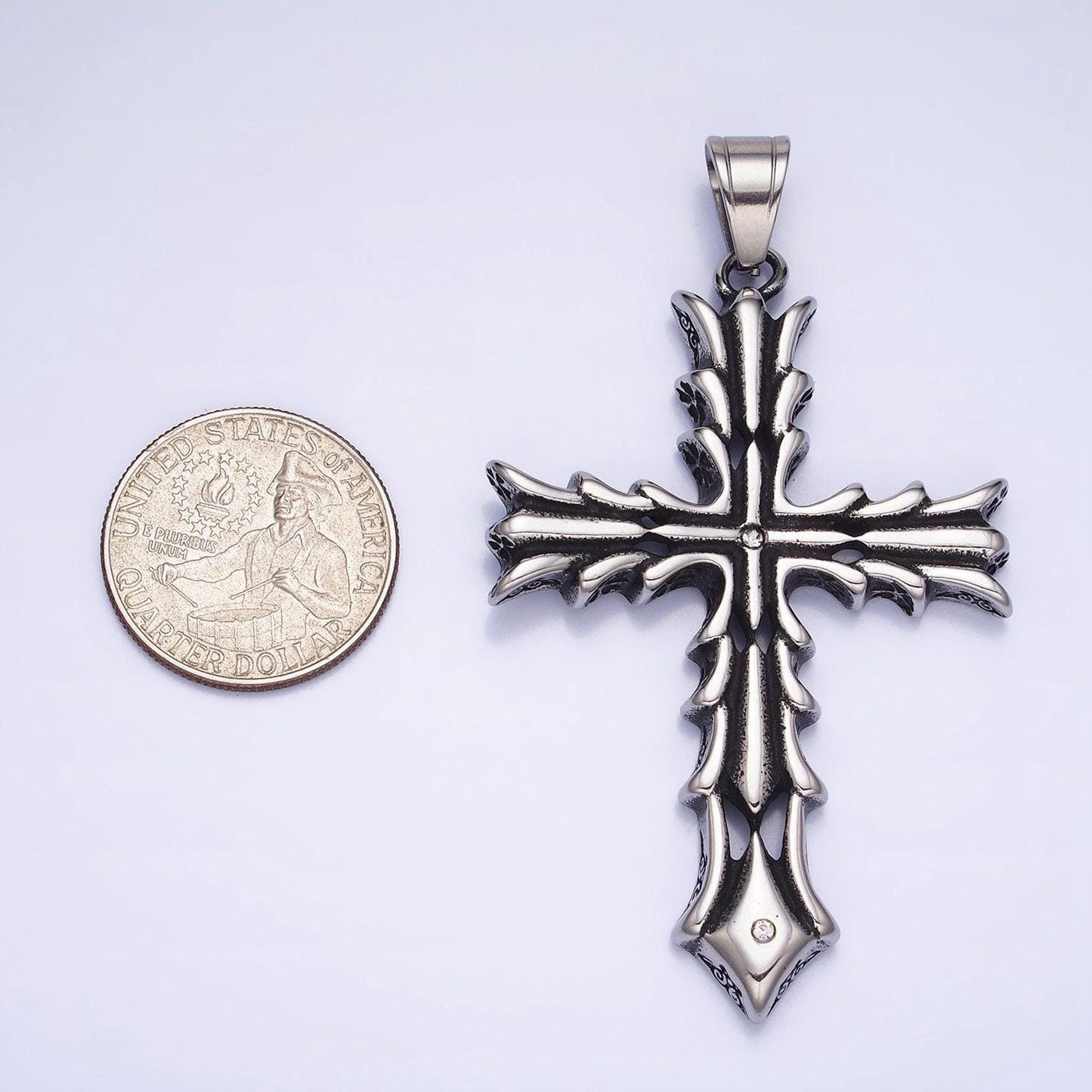 Men fire cross charm stainless steel dangle charm in silver color religious heavy hard pendant lead nickel free tarnish free | p-1131