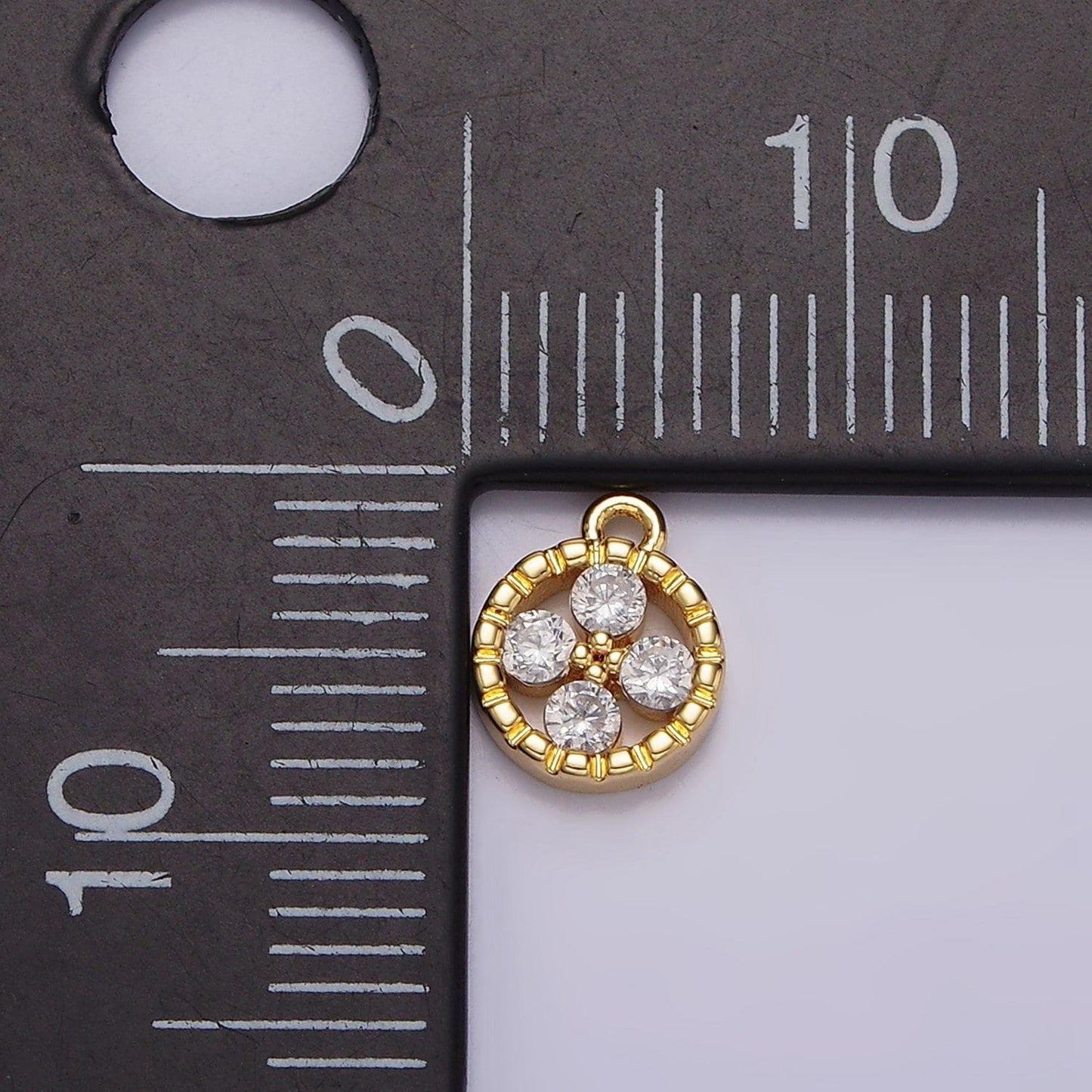 16k gold filled clear cz quatrefoil round line-textured add-on charm | n958