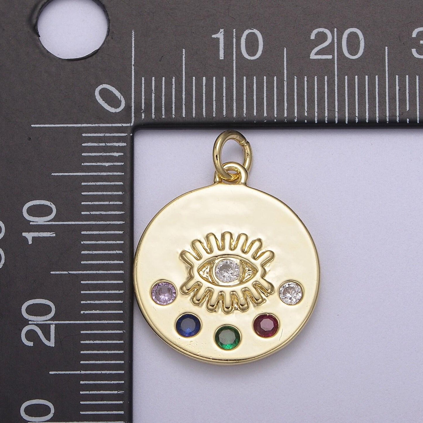Tiny evil eye medallion with 5 multi color cz 14k gold filled | diy pendant charm necklace bracelet earring | n-929