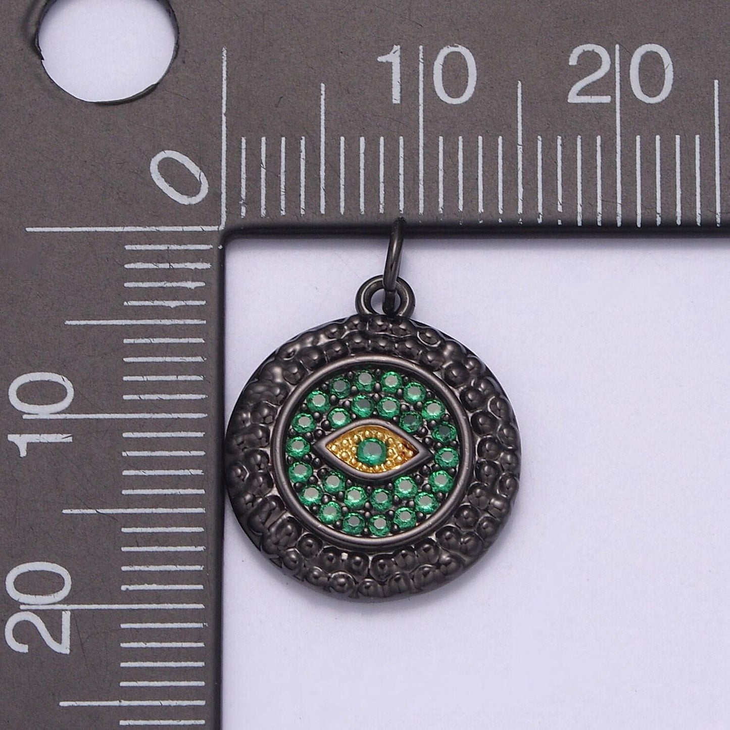 Mini gunmetal black green cz paved evil eye medallion charm piece, diy round coin amulet component necklace bracelet earrings| n-832