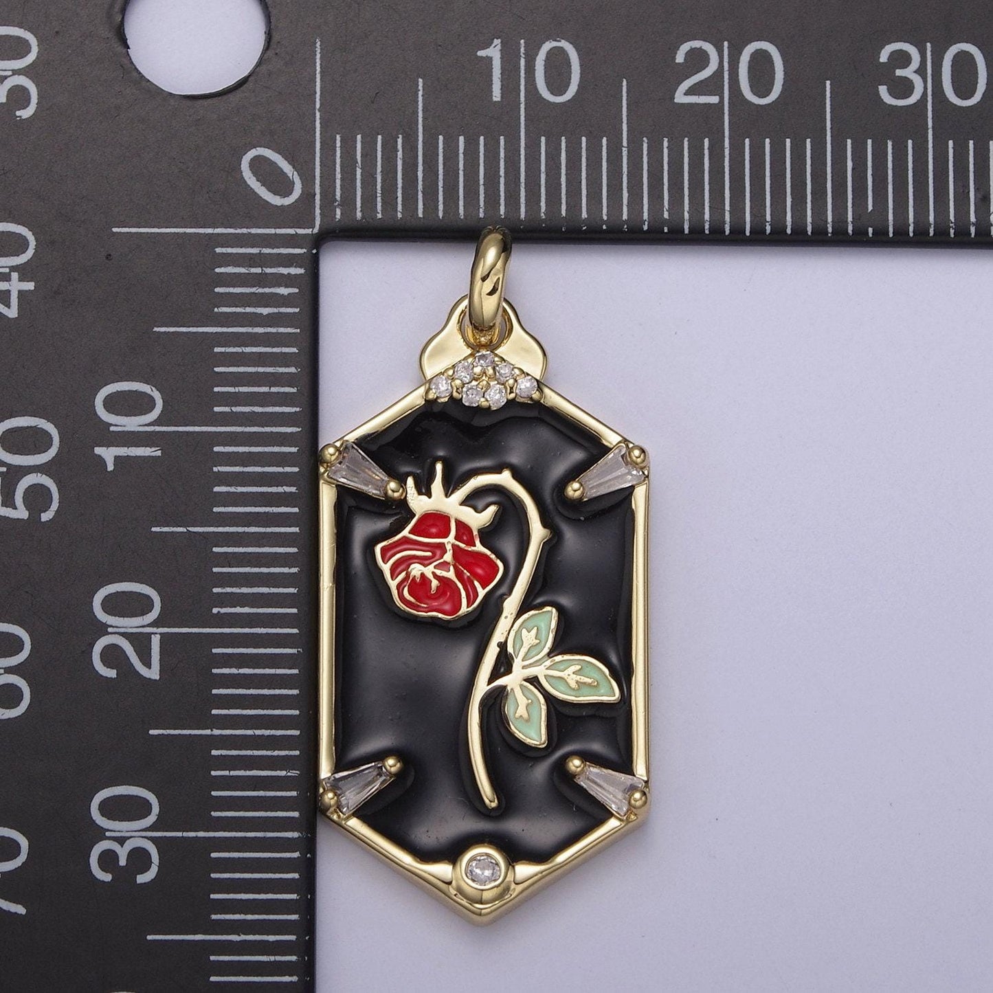 Dainty hexagon red rose pendant fairytale inspired in black/white | diy fashion charm add on necklace bracelet earring | n-759