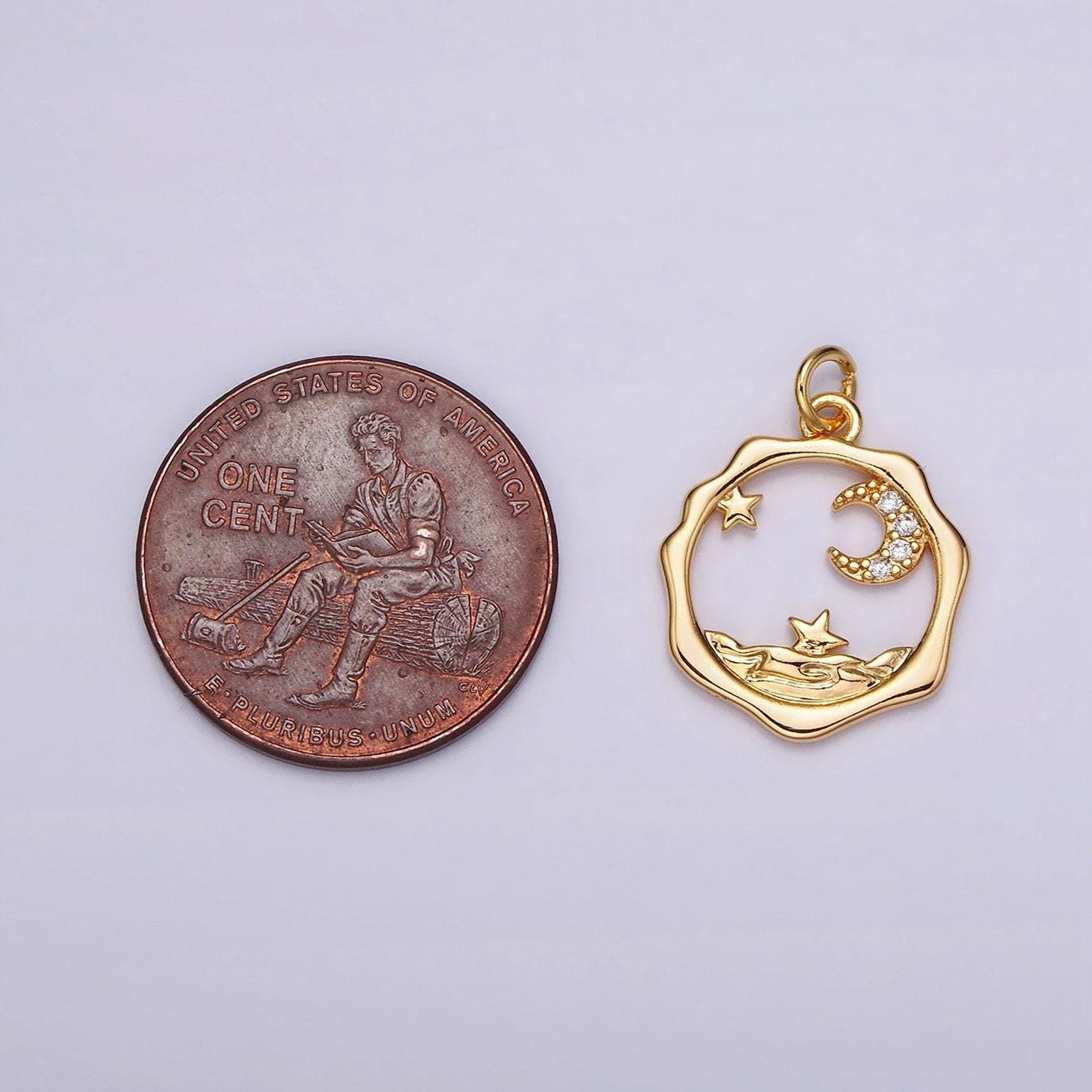 18k gold filled micro paved cz celestial stars crescent moon sea open wavy round charm | n1652