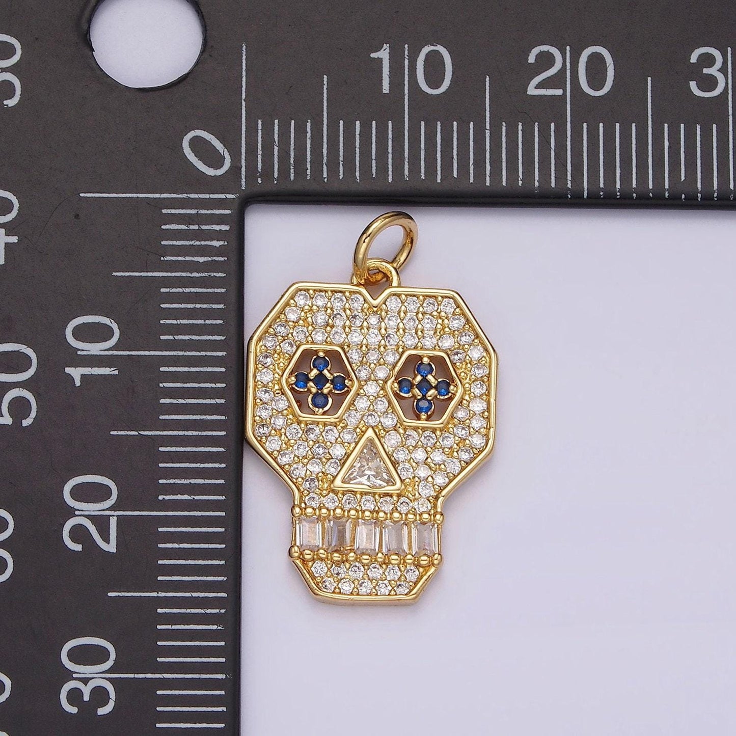 14k gold filled blue-eyed skeleton skull clear micro paved cz charm | n1536