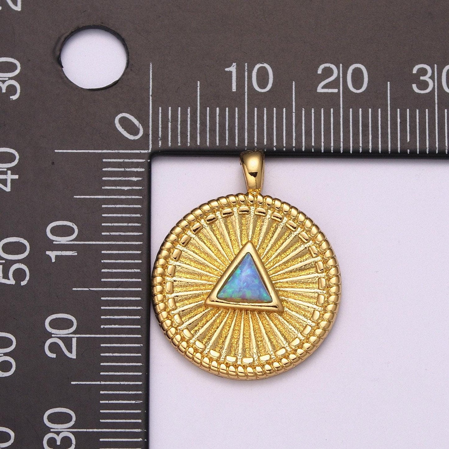 Gold medallion charm, opal triangle coin charm sunburst geometric amulet layering necklace charm