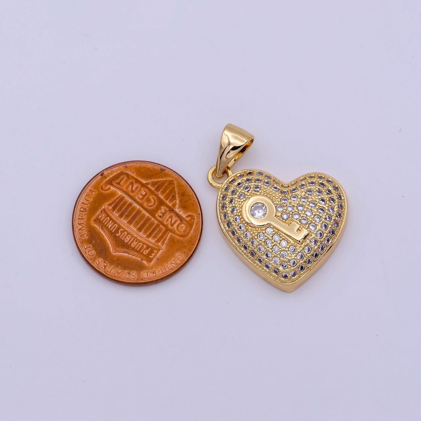 24k gold filled 25mm key micro paved clear cz heart pendant | n1429