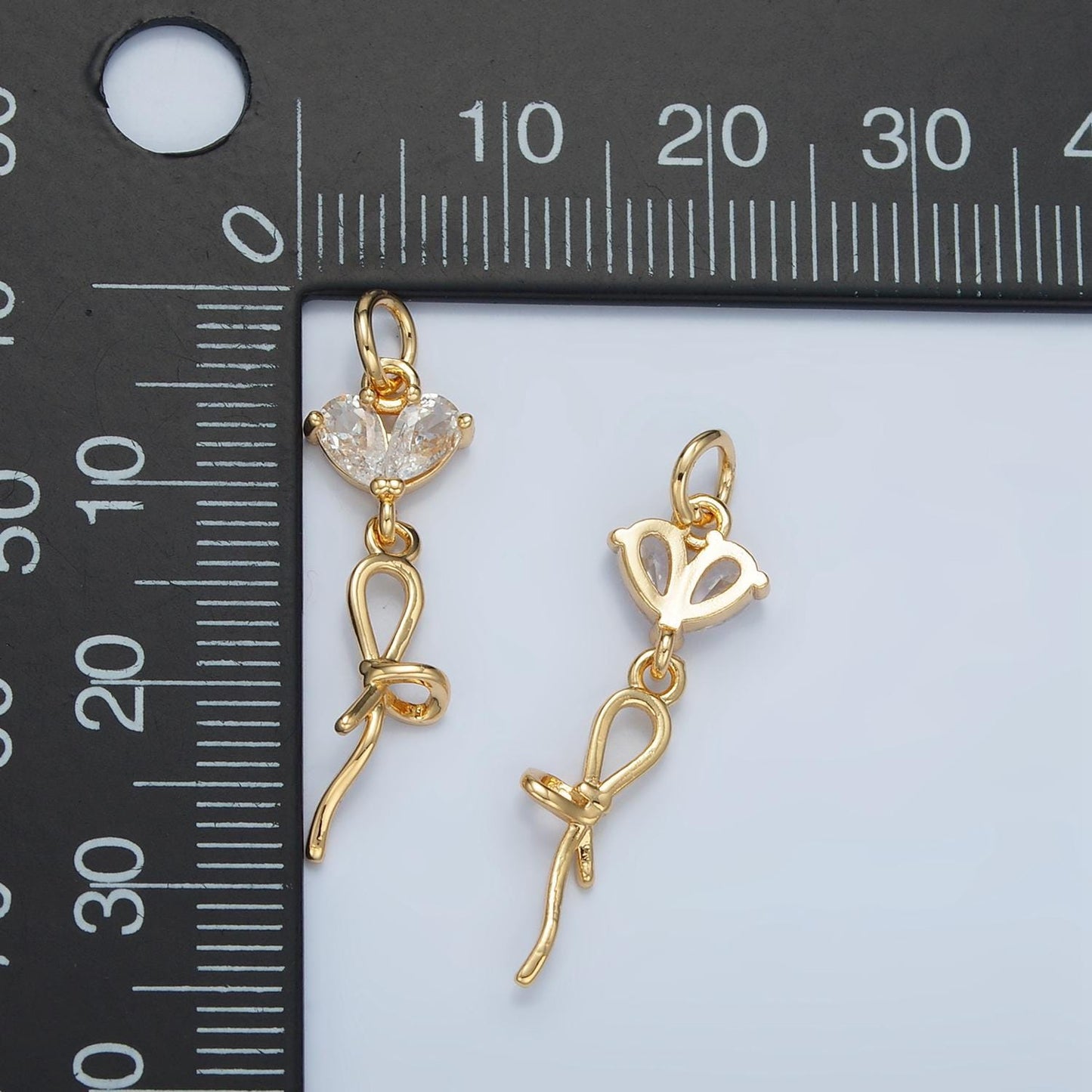 Twisted ribbon bow, clear heart cz gold filled drop charm | n-1416