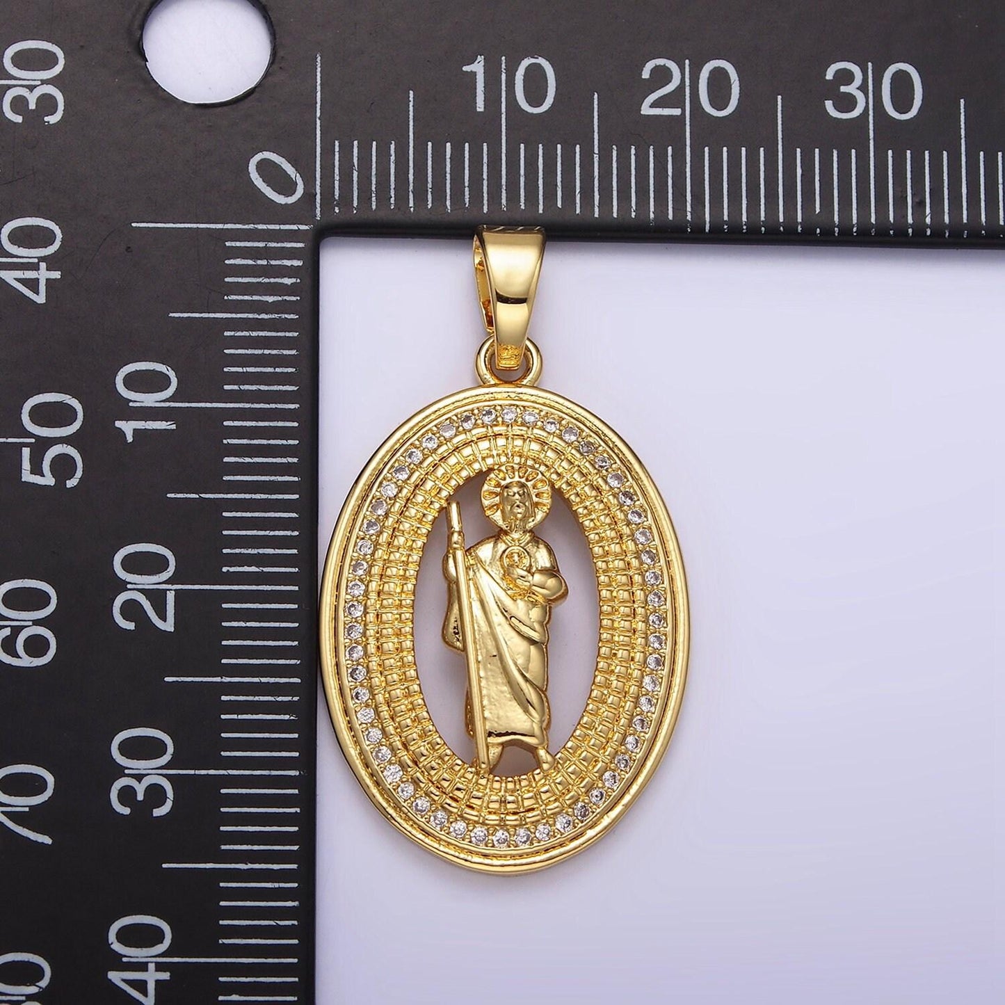 14k gold filled saint jude open beaded clear micro paved cz oval pendant | n1285