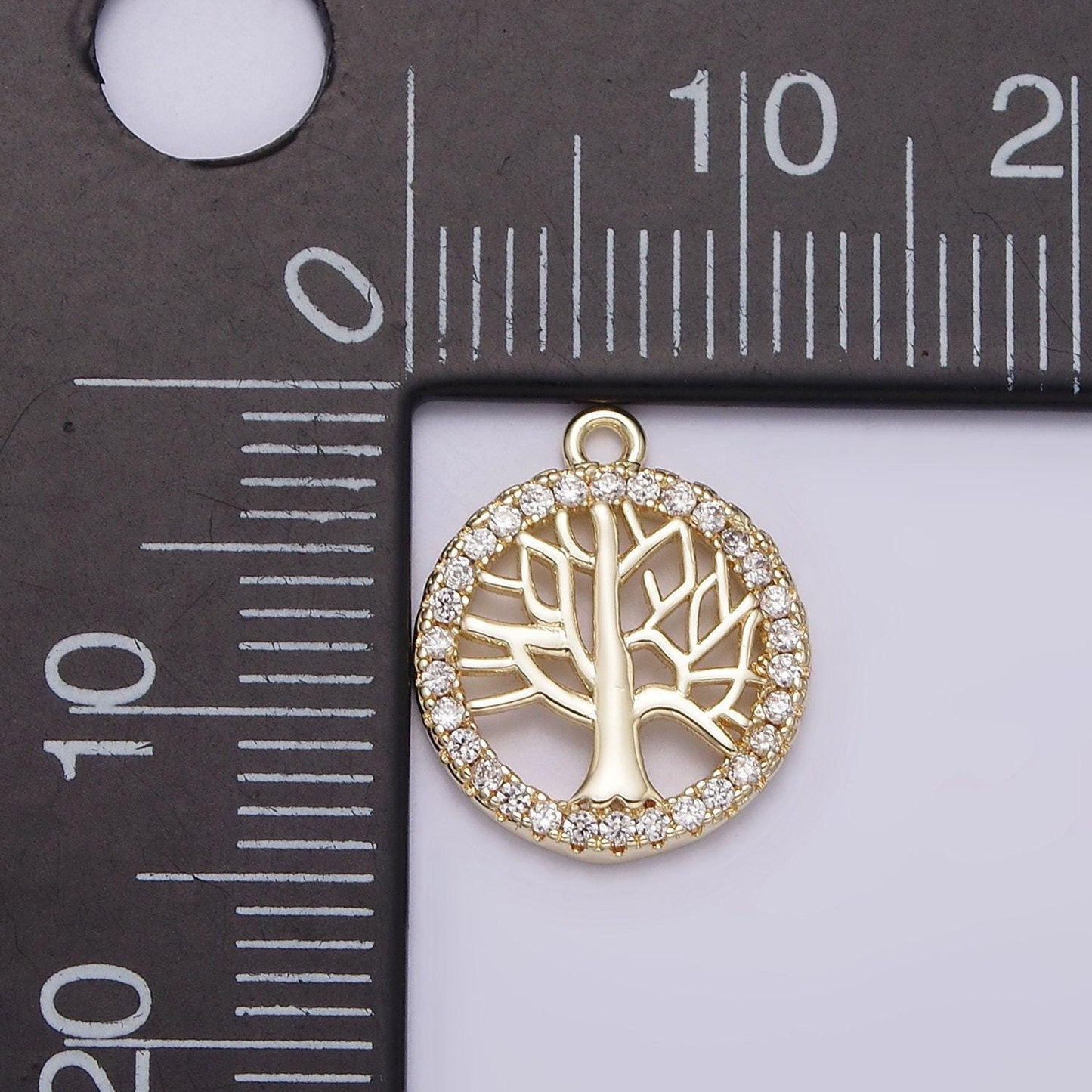 14k gold filled tree plant open clear micro paved cz round charm | n1018