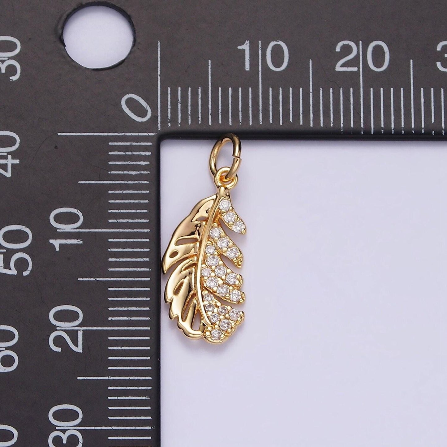 16k gold filled half clear micro paved cz palm leaf plant charm | n1012