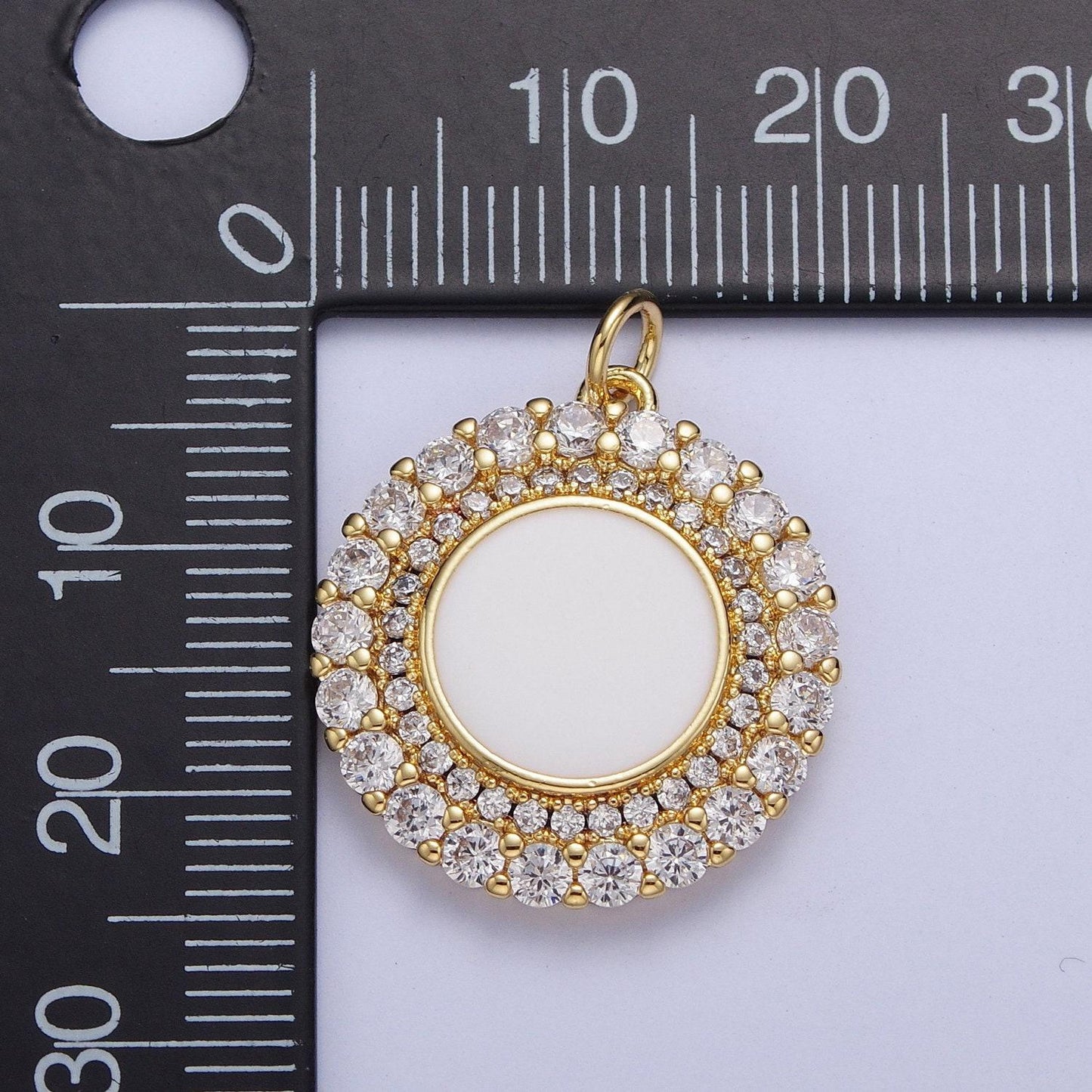 24k gold filled dainty micro pave round circular charm, micro cz pave pendants, pearl white circle center cz beaded edge charm | m-495