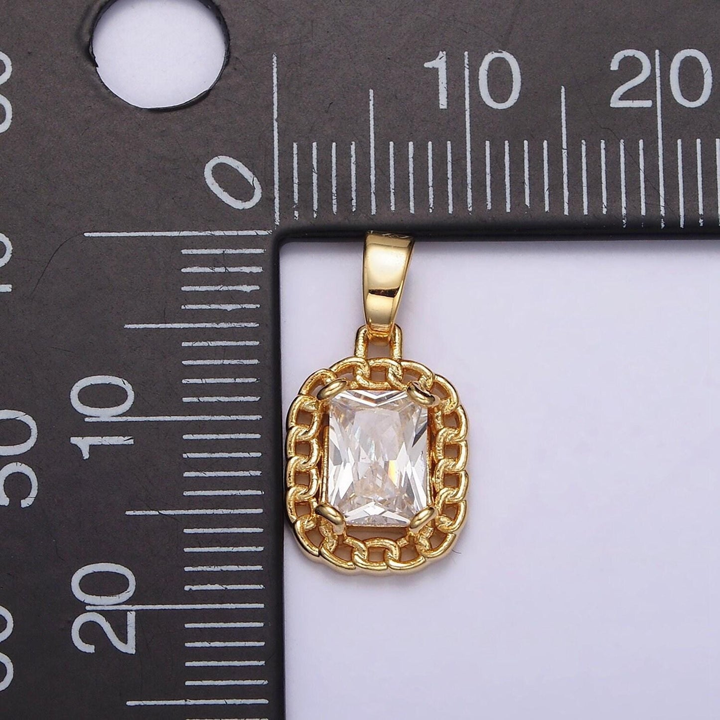 Dainty clear cubic zirconia emerald cut stone pendant tag charm with curb link frame j611