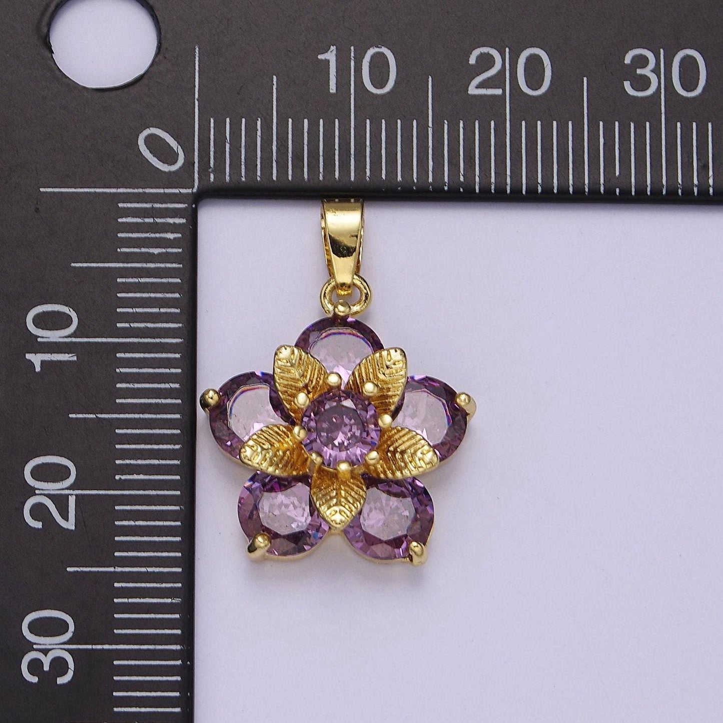Gold daisy with amethyst purple cubic zirconia cz, flower pendant for jewelry necklace making, j-527