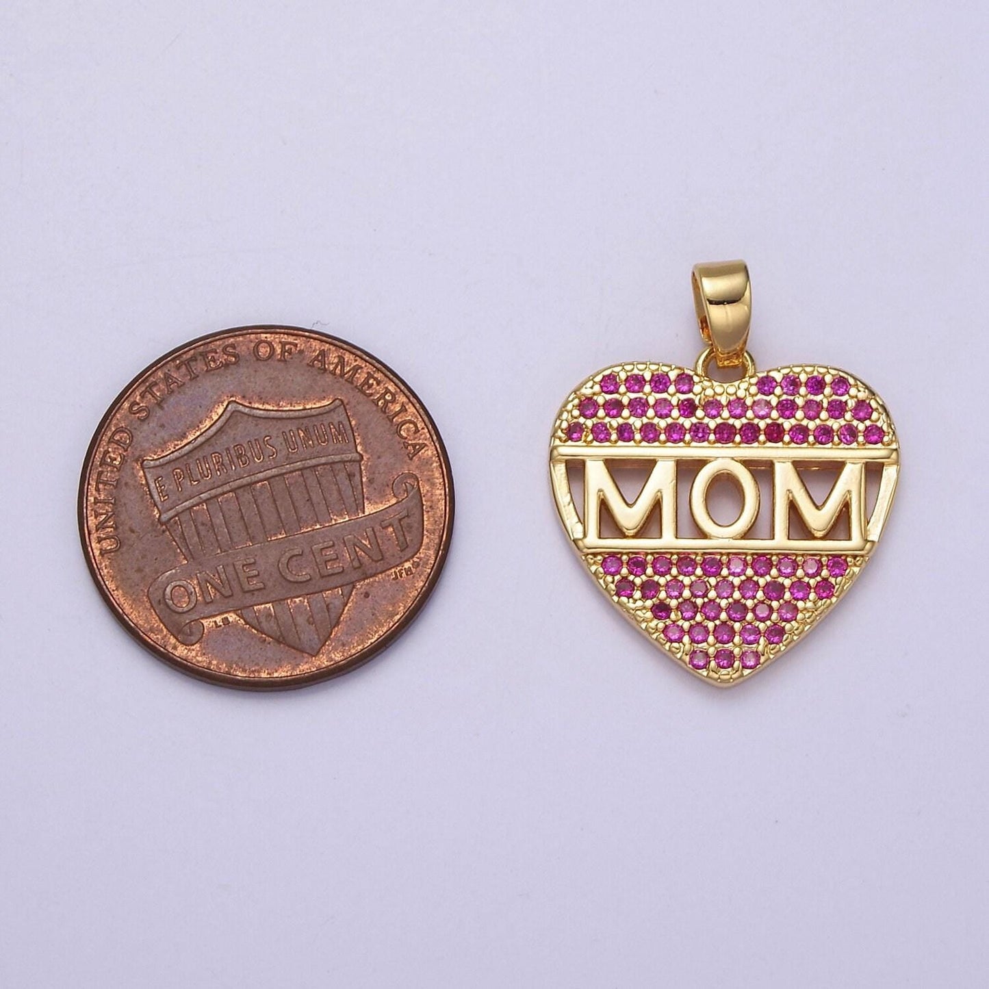 Mother's day heart shaped pendant cz pink charm mom script in 18k gold filled for diy jewelry j-387