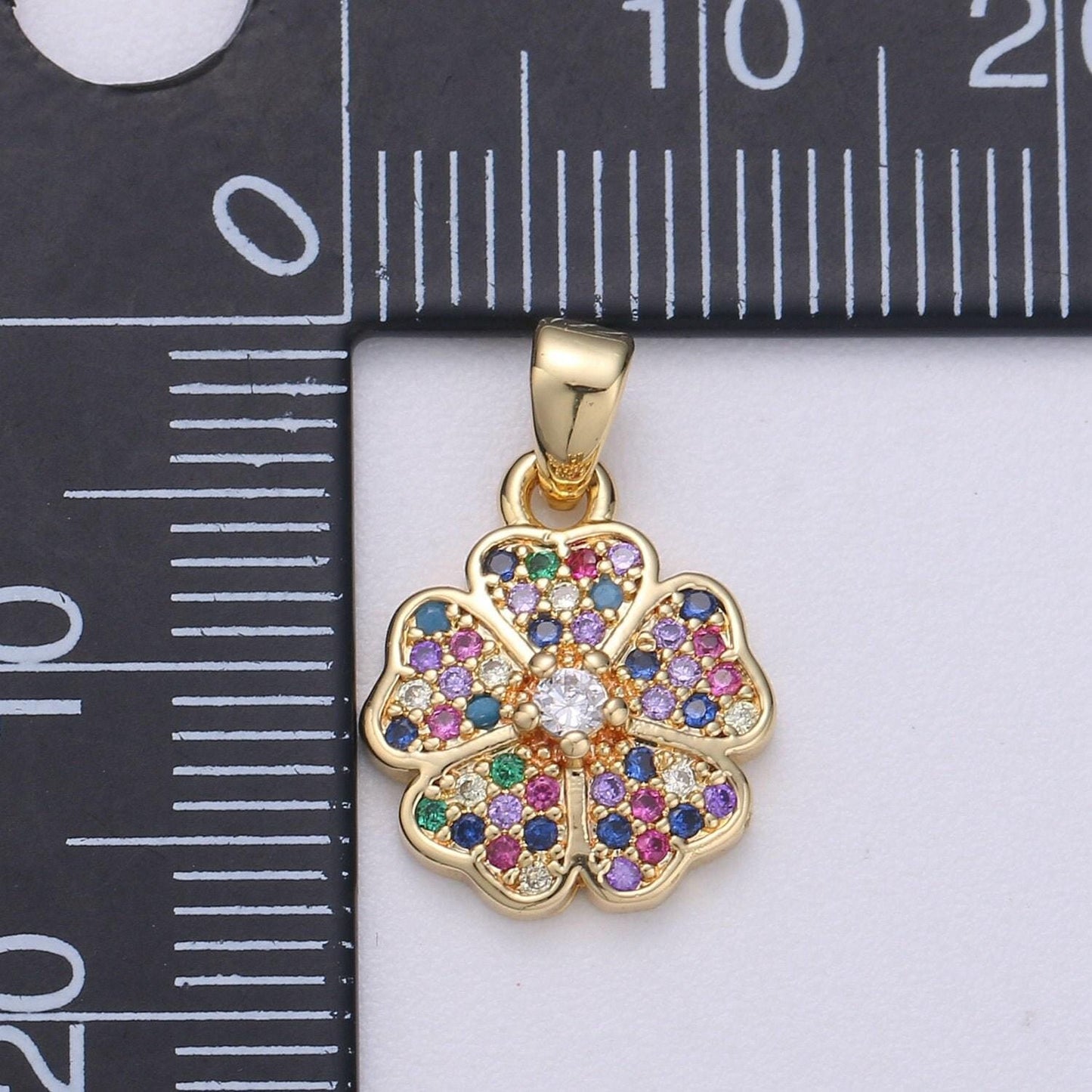 14k gold filled flower charm micro pave clover charm, rainbow cubic charms, cz gold colorful charm, dainty minimalist jewelry supply i-714