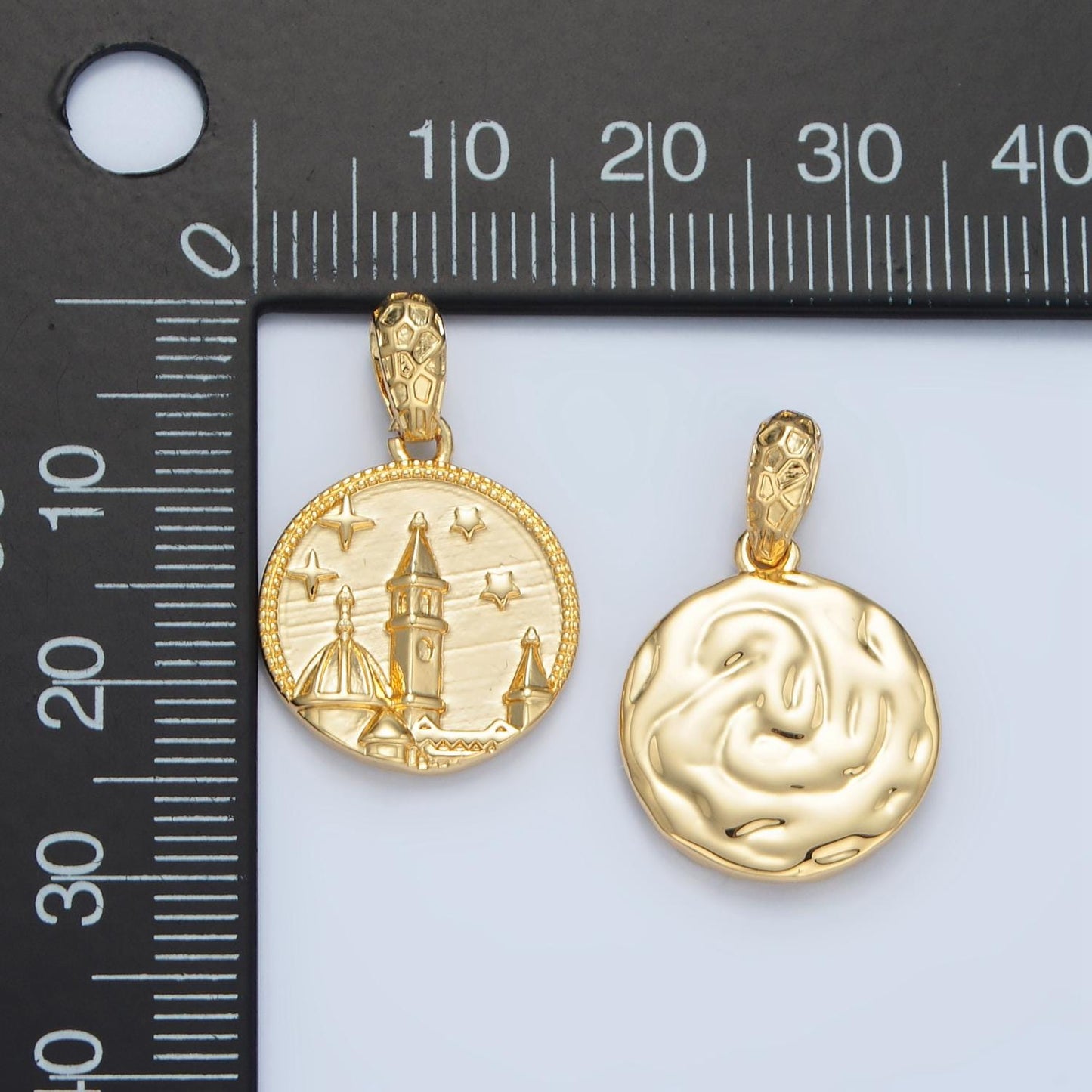Mini gold round coin charm with castle star panoramic pendant i527
