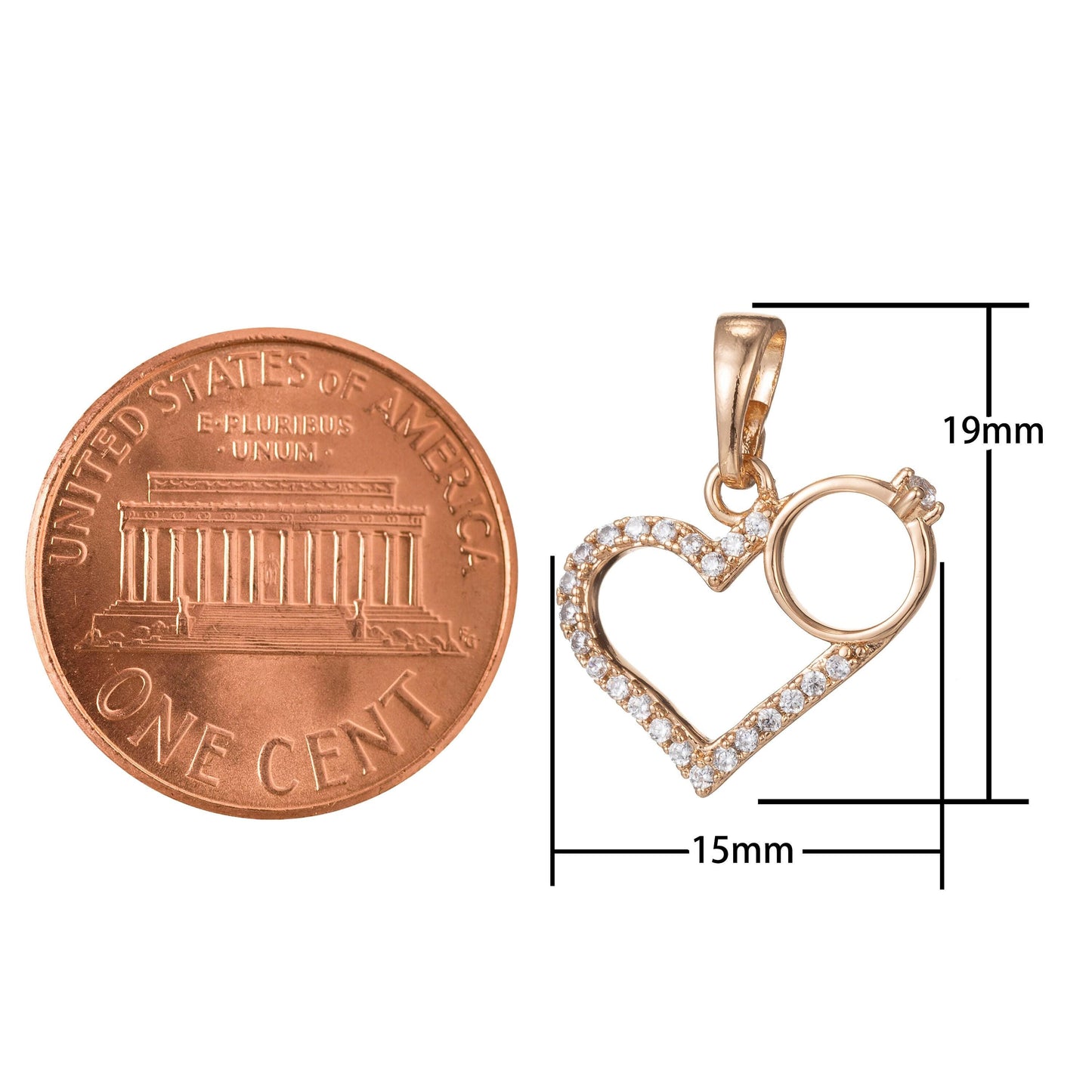 1pc 18k gold micro pave cz heart pendant charm, heart with ring micro pave cz pendant charm, pendant, for diy jewelry