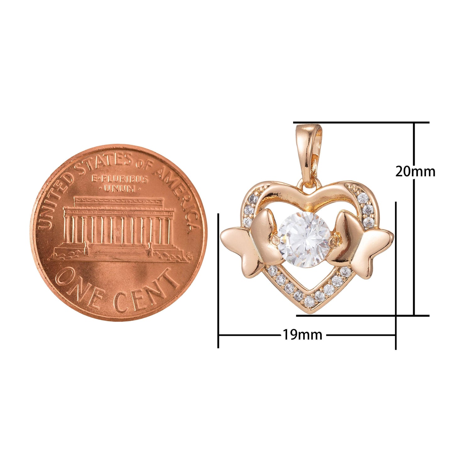 1pc 18k gold filled micro pave cz heart pendant charm, hearts with dual butterfly pendant charm, heart pendant, pdgf-1352