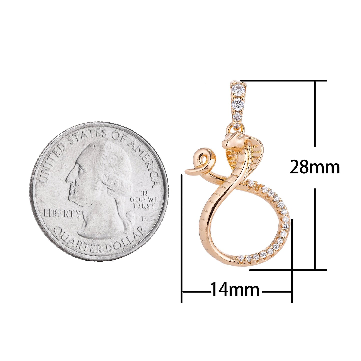 18k gold filled dainty charming snake, exotic animal lover, cz cobra charm necklace pendant bails findings for jewelry making i-130