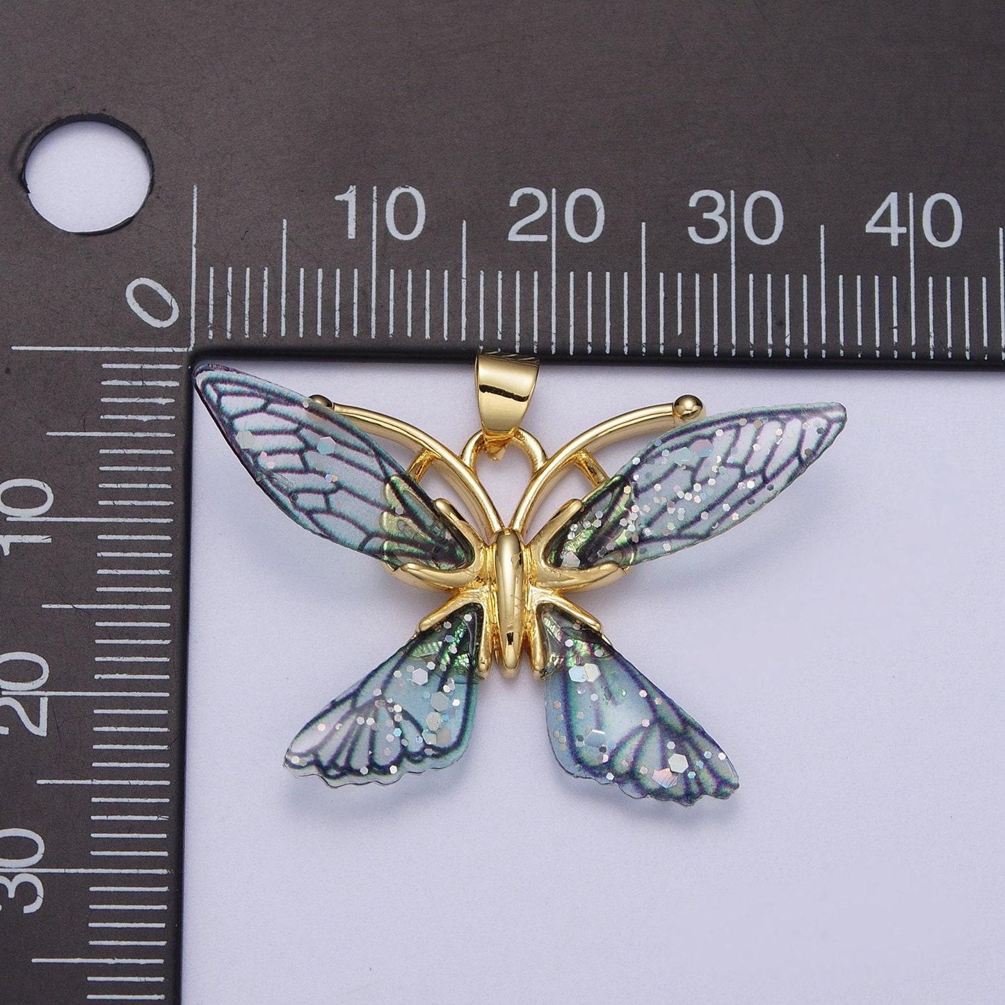 Gold cz blue & fuchsia butterfly pendant, 24k gold filled micro paved cz resin beautiful sparkly fairy charm | i089 i092