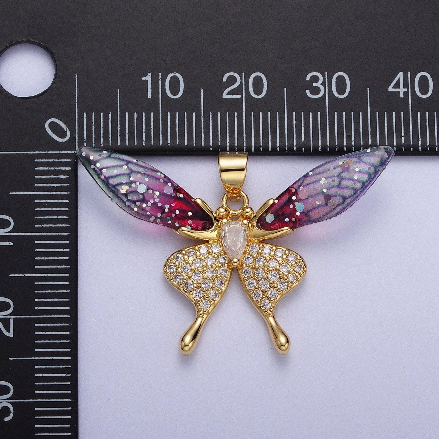 Gold cz blue & fuchsia fairy pendant, 24k gold plated micro paved marquise cut cz resin beautiful sparkly fairy charm | h-884, h-909