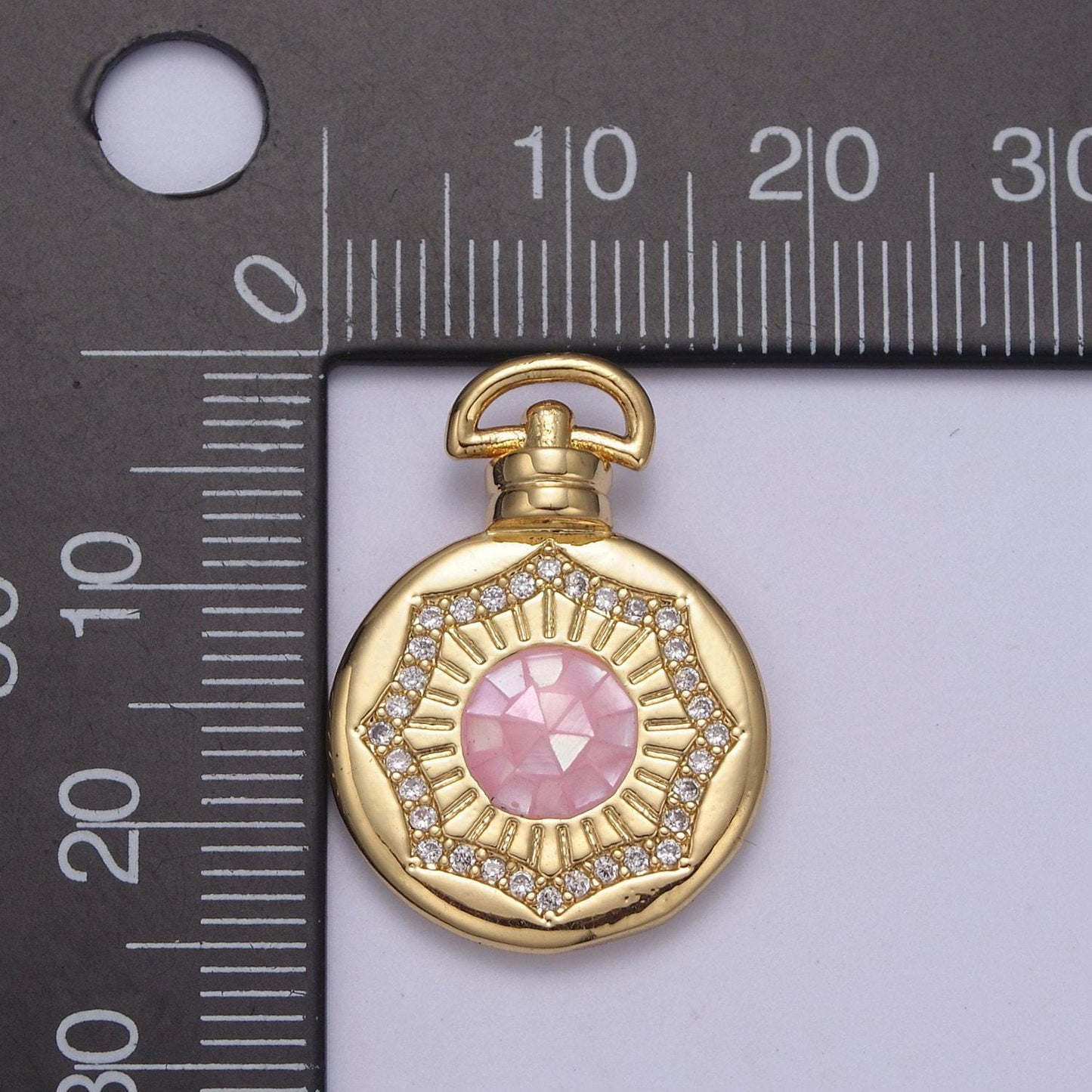 24k gold round pink/white circle medallion with micro pave cubic zirconia love & friendship gift, charm pendant for jewelry making findings