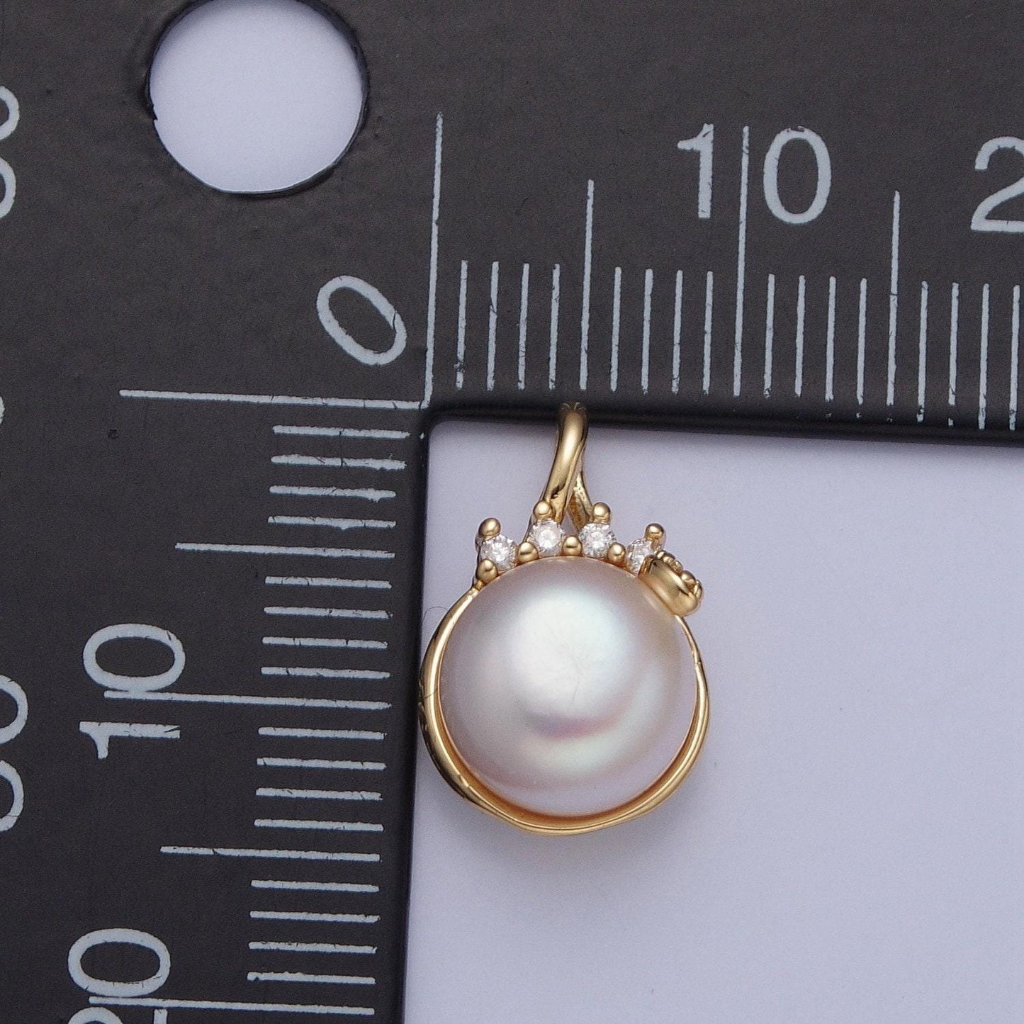 24k gold filled solitaire white pearl crowned top micro pave cz stone pendant, gold charm white pearl diy jewelry necklace making | h-686