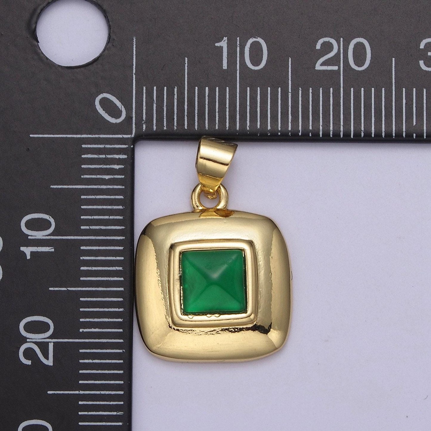Dainty emerald green cz square gold medallion charm tiny small pendant tag charm, bracelet necklace earring finding