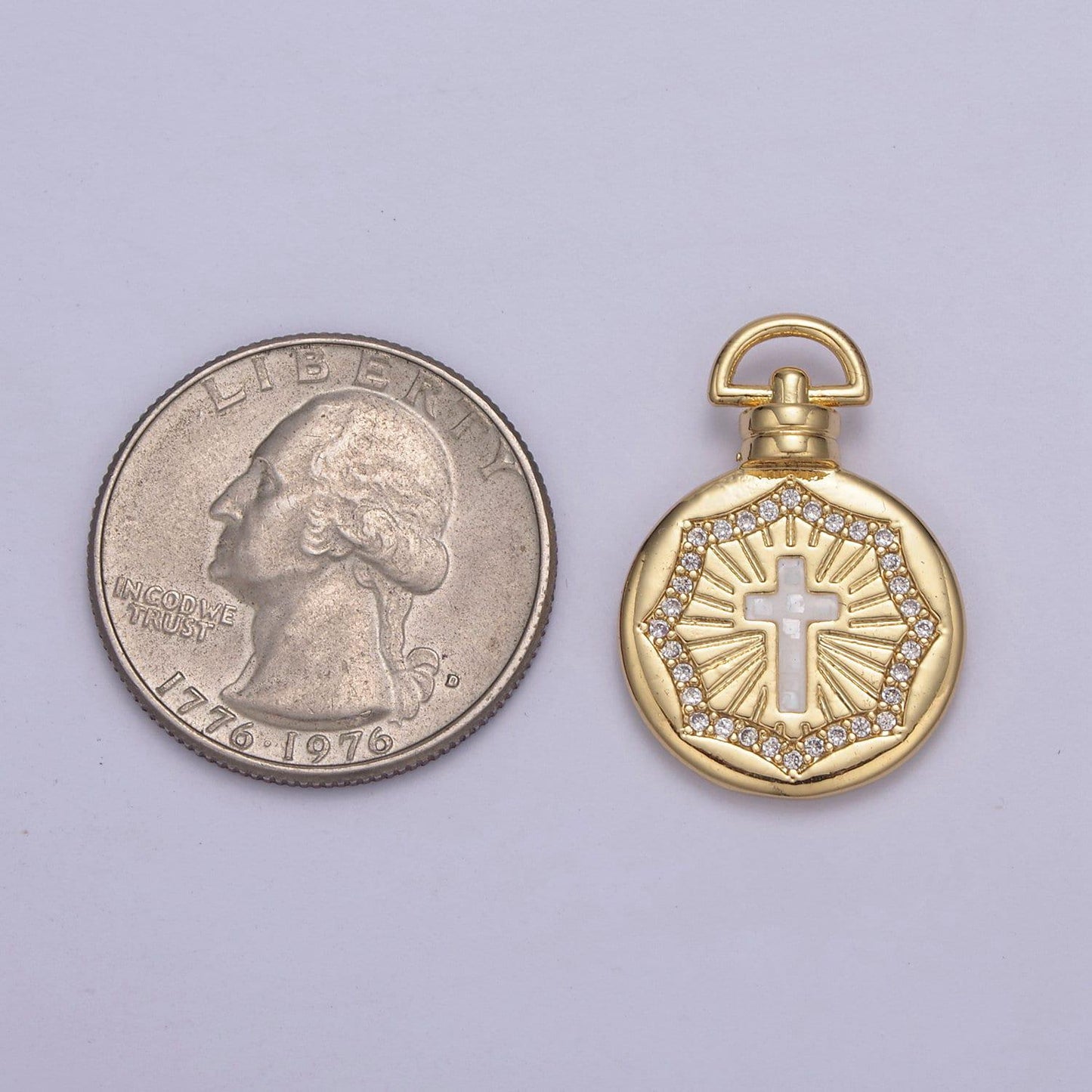 14k gold fill round pink/white religious catholic christian cross medallion micro pave, baptism gift, charm pendants for diy jewelry finding