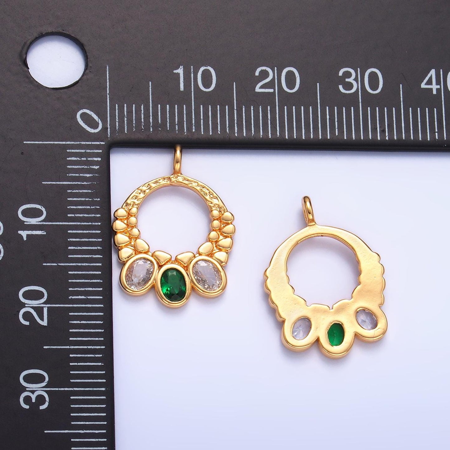 24K Gold Filled Green Clear CZ Dotted Open Circular Charm | W394