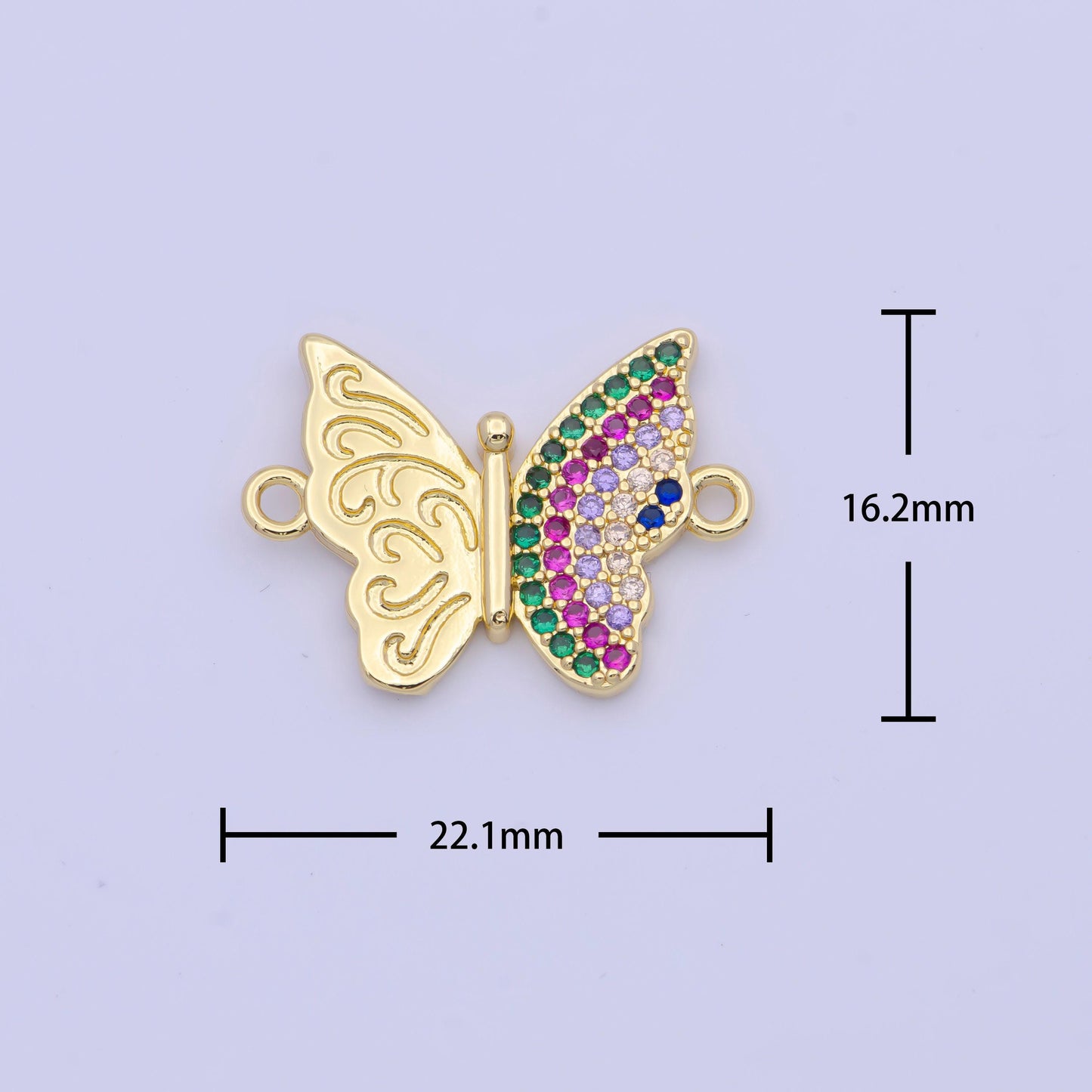 24k gold filled dainty butterfly with clear & multicolored cubic zirconia stone mariposa link connector | f-059, g-557