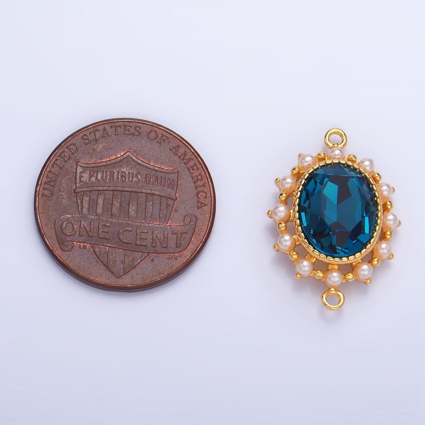 Blue cz oval shaped bezel shell pearl 24k gold filled charm connector | f-729